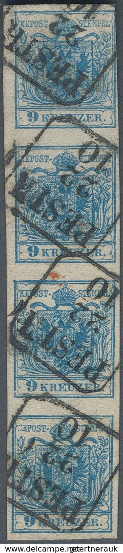 15322 Österreich: 1850, 9 Kr. Blau HP Type III Im Senkrechten Viererstreifen Davon Die Unteren Drei Marken - Ungebraucht