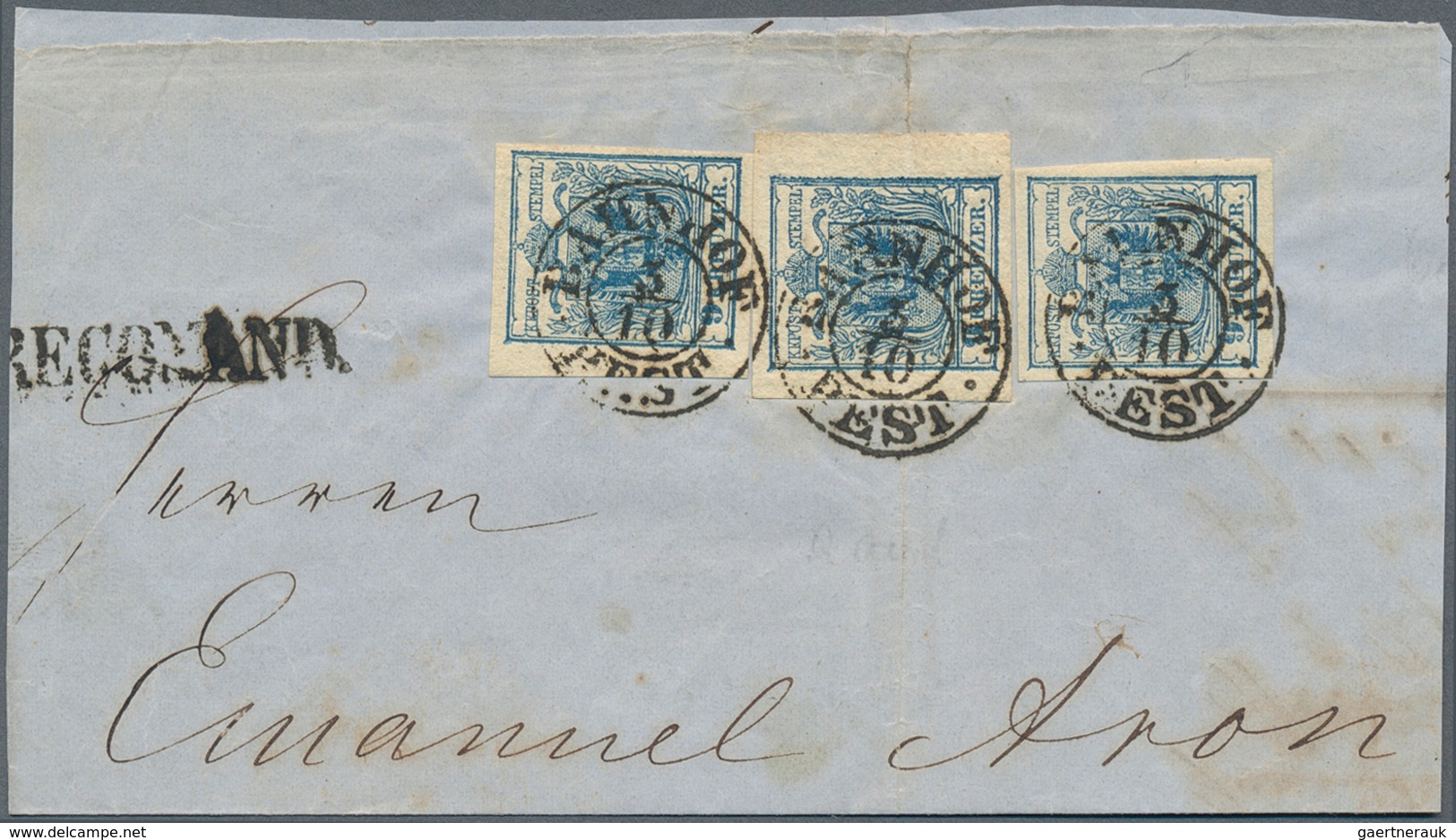 15323 Österreich: 1850, 9 Kr. Blau HP Type III Drei Voll- Bis überrandige Werte (1 X Randstück) Auf Großem - Neufs