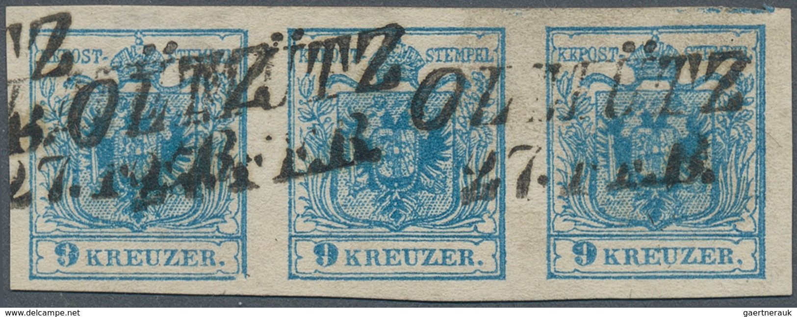 15328 Österreich: 1850, 9 Kr. Blau MP Type IIIb Im Waagrechten Dreierstreifen Allseits Voll- Bis Breitrand - Unused Stamps