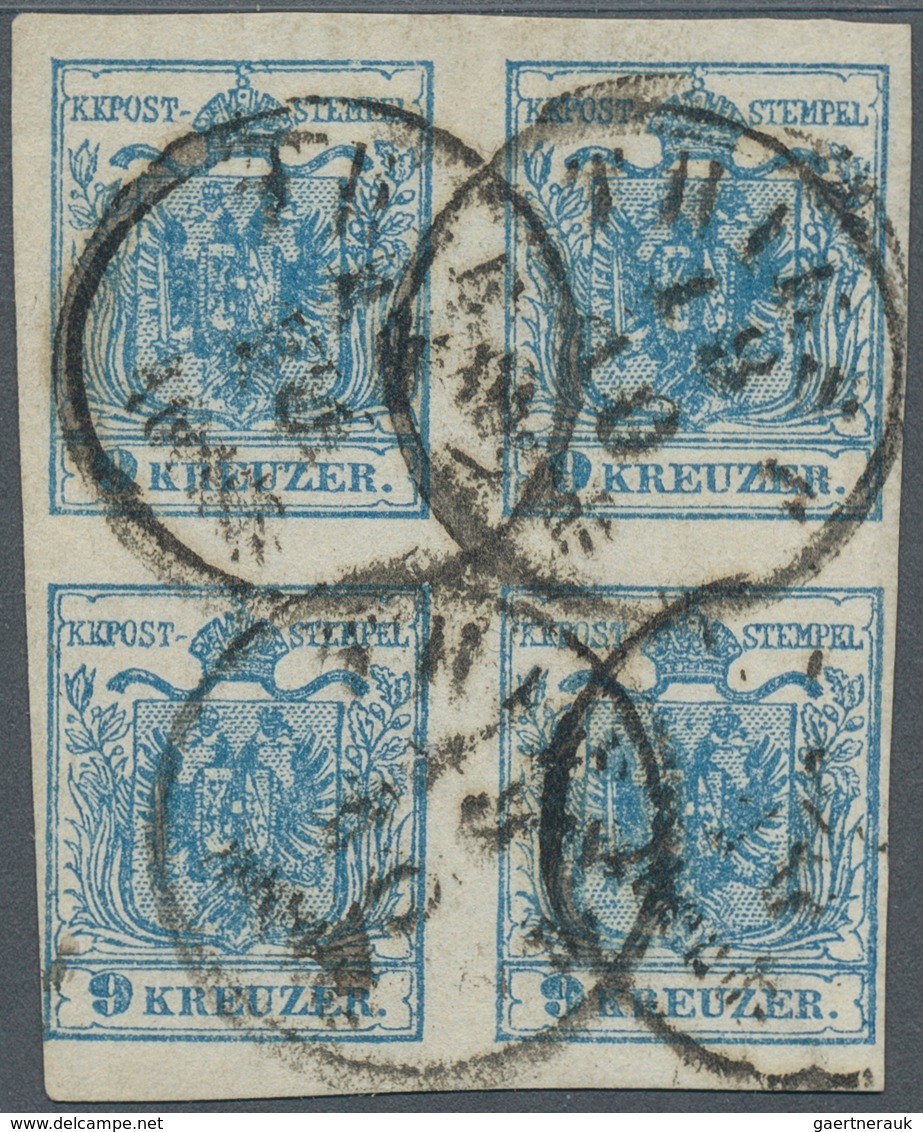 15329 Österreich: 1850, 9 Kr. Blau MP Type IIIb VIERERBLOCK Unten Links Tangiert Ansonsten Voll- Bis Breit - Neufs