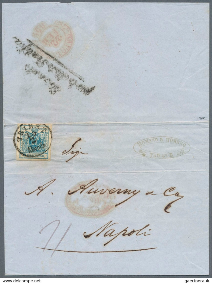 15331 Österreich: 1856, 9 Kr Blau Maschinenpapier, EF Als Teil-Franco Auf Brief Von TRIEST, 15/2, Nach Nap - Neufs