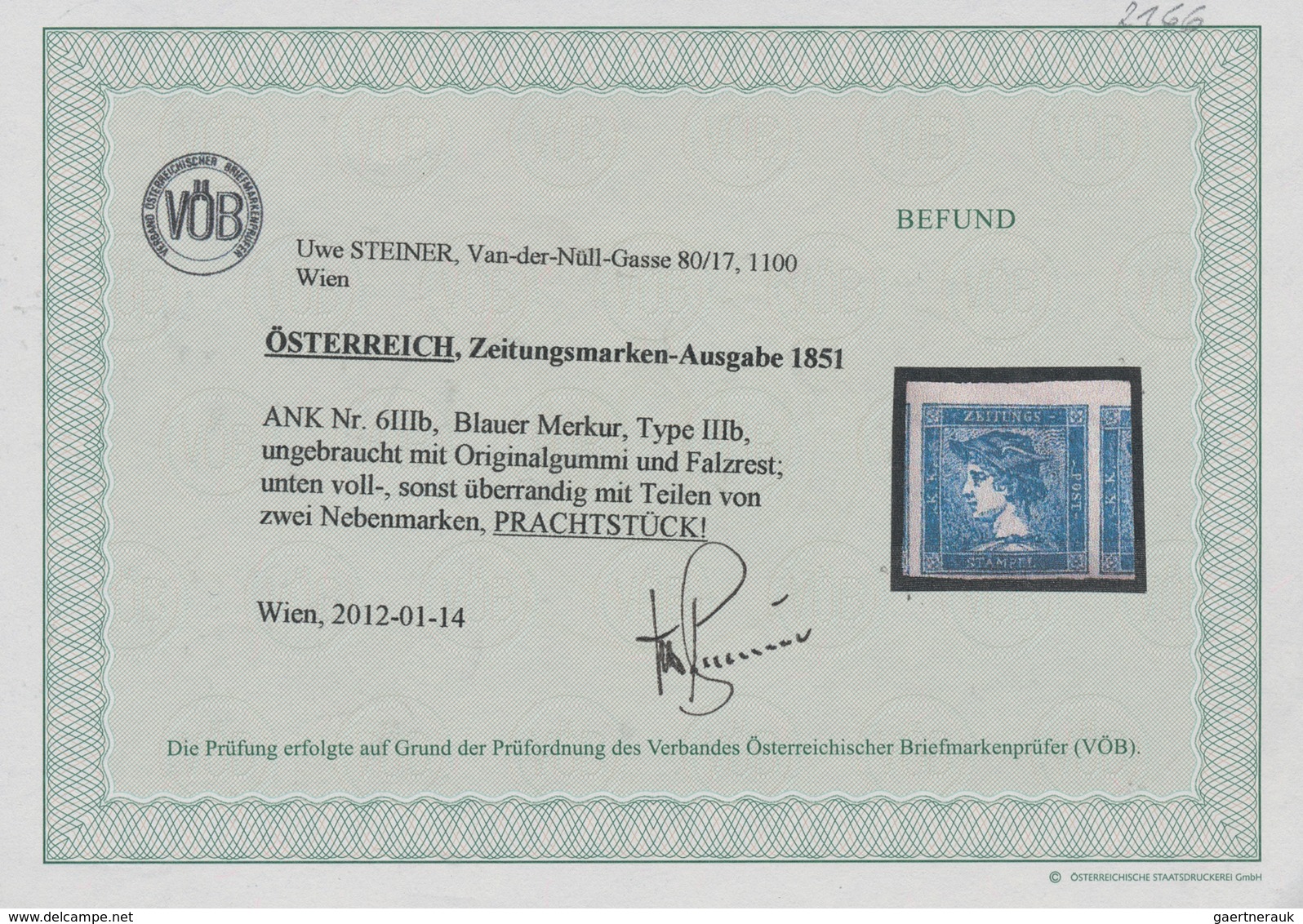 15332 Österreich: 1851, Zeitungsmarkenausgabe 0,6 Kr/3 C "Blauer Merkur", Ungebraucht Mit Originalgummi Un - Ungebraucht