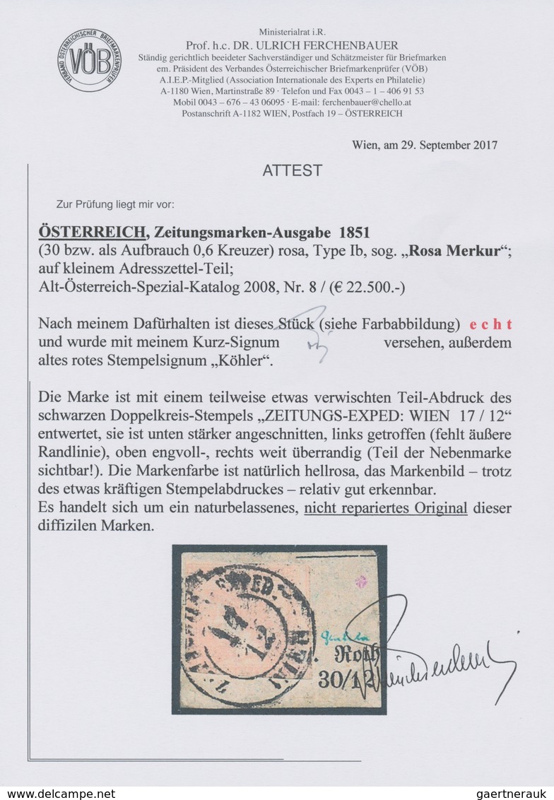 15334 Österreich: 1851, (30 Kr.) Rosa Zeitungsmarke, Sog. "ROSA MERKUR", Type Ib, Farbtypisches Exemplar, - Neufs