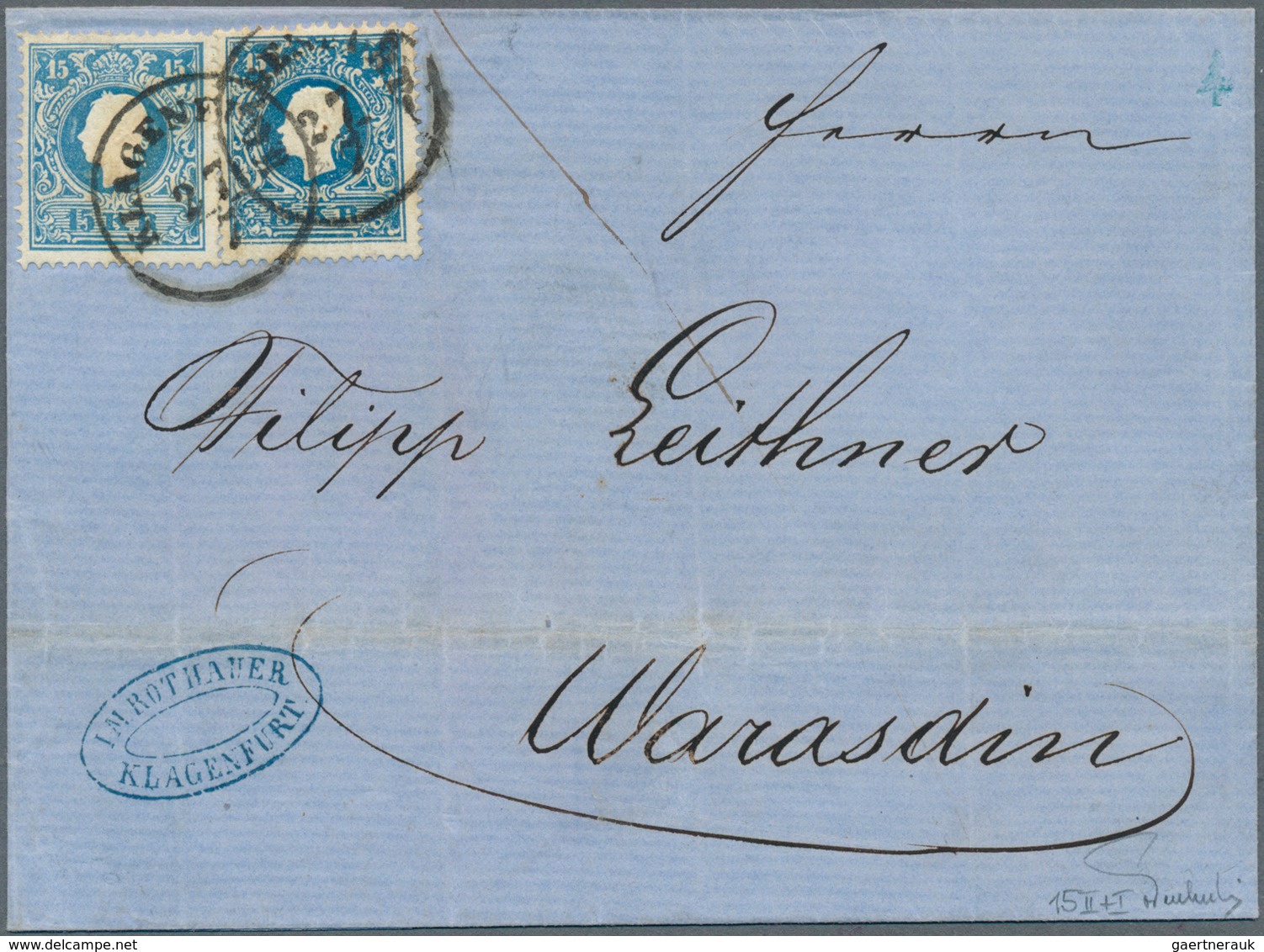 15340 Österreich: 1858/59: 15 Kr. Blau, Type II, Im Paar Geklebt Mit 15 Kr. Dunkelblau, Type I, Auf Unbeha - Neufs