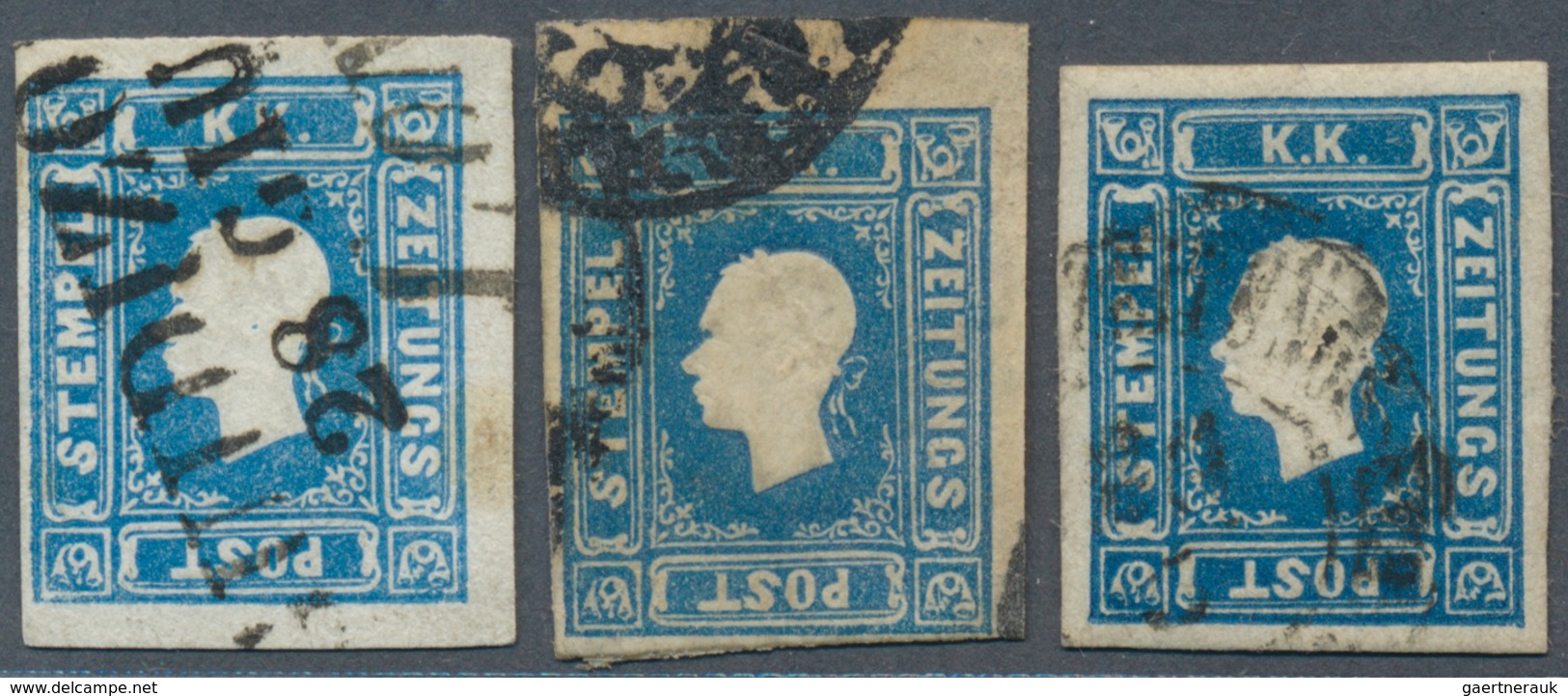 15340A Österreich: 1858, Zeitungsmarke 1.05 Kr. Blau, Drei Gestempelte Farbfrische Werte, Schmal- Bis überr - Ungebraucht