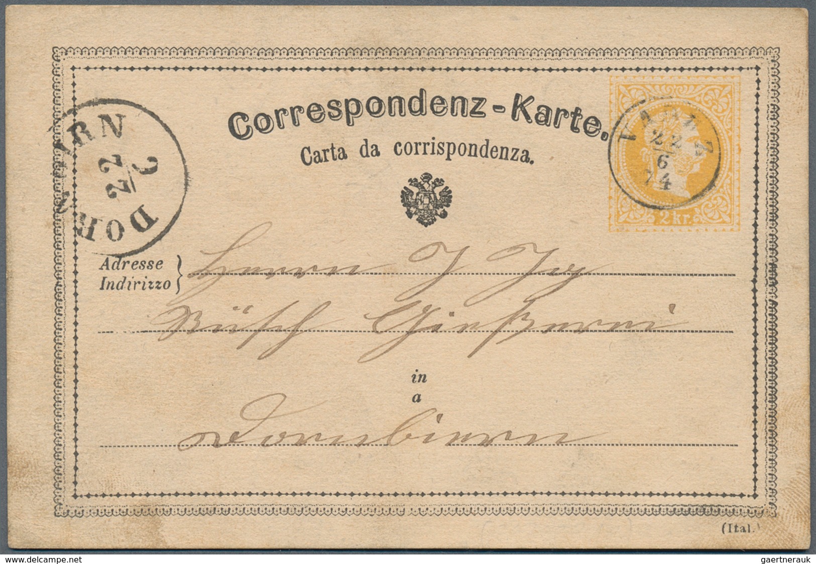 15345 Österreich: 1874. Postkarte 2 Kr Gelb Franz-Joseph (Text Dt./ital.) Von "Vaduz 22.6.74" Nach Dornbir - Neufs