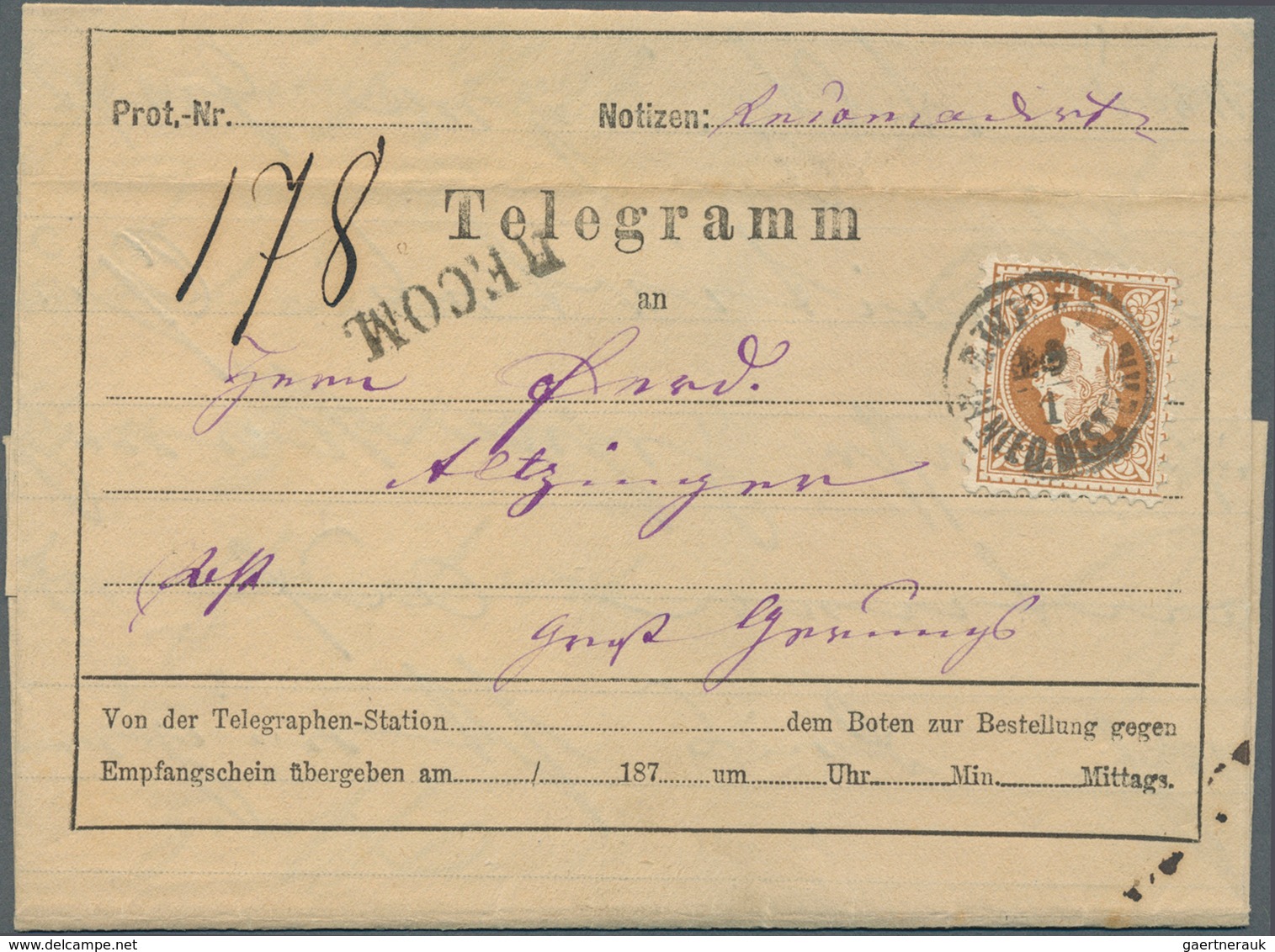 15351A Österreich: 1875: EINGESCHRIEBENES TELEGRAMM Zwischen Prag Und Zwettel, Frankiert Mit 'Franz Josef' - Ungebraucht