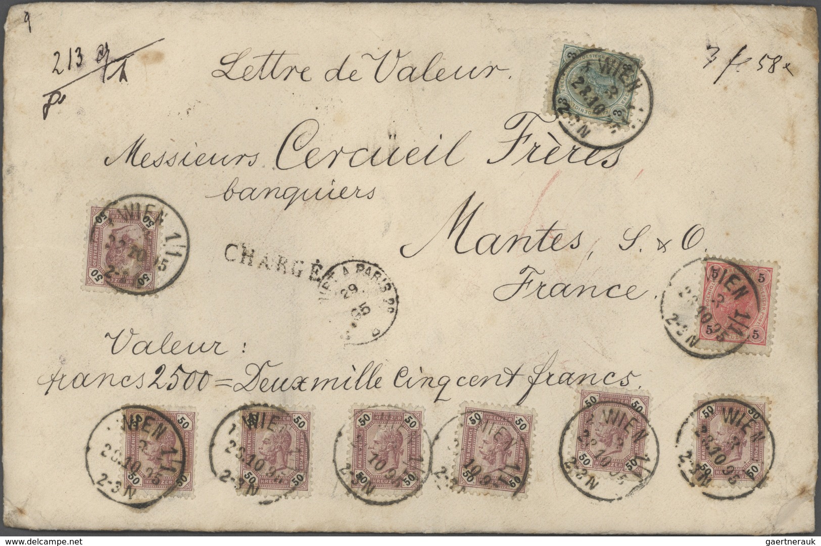 15356 Österreich: 1895, 3 Kr Blaugrün/schwarz, 5 Kr Rot/schwarz Und 7 X 50 Kr Lila/schwarz, MiF Auf Gesieg - Neufs