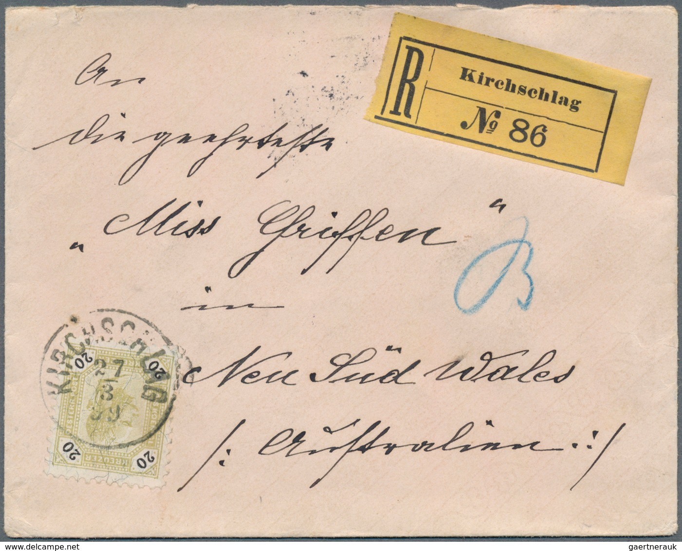 15358A Österreich: 1899, 20 Kr Grünlicholiv/schwarz, EF Auf Einschreibebrief Von KIRCHSCHLAG, 27/3 99, Ohne - Ungebraucht