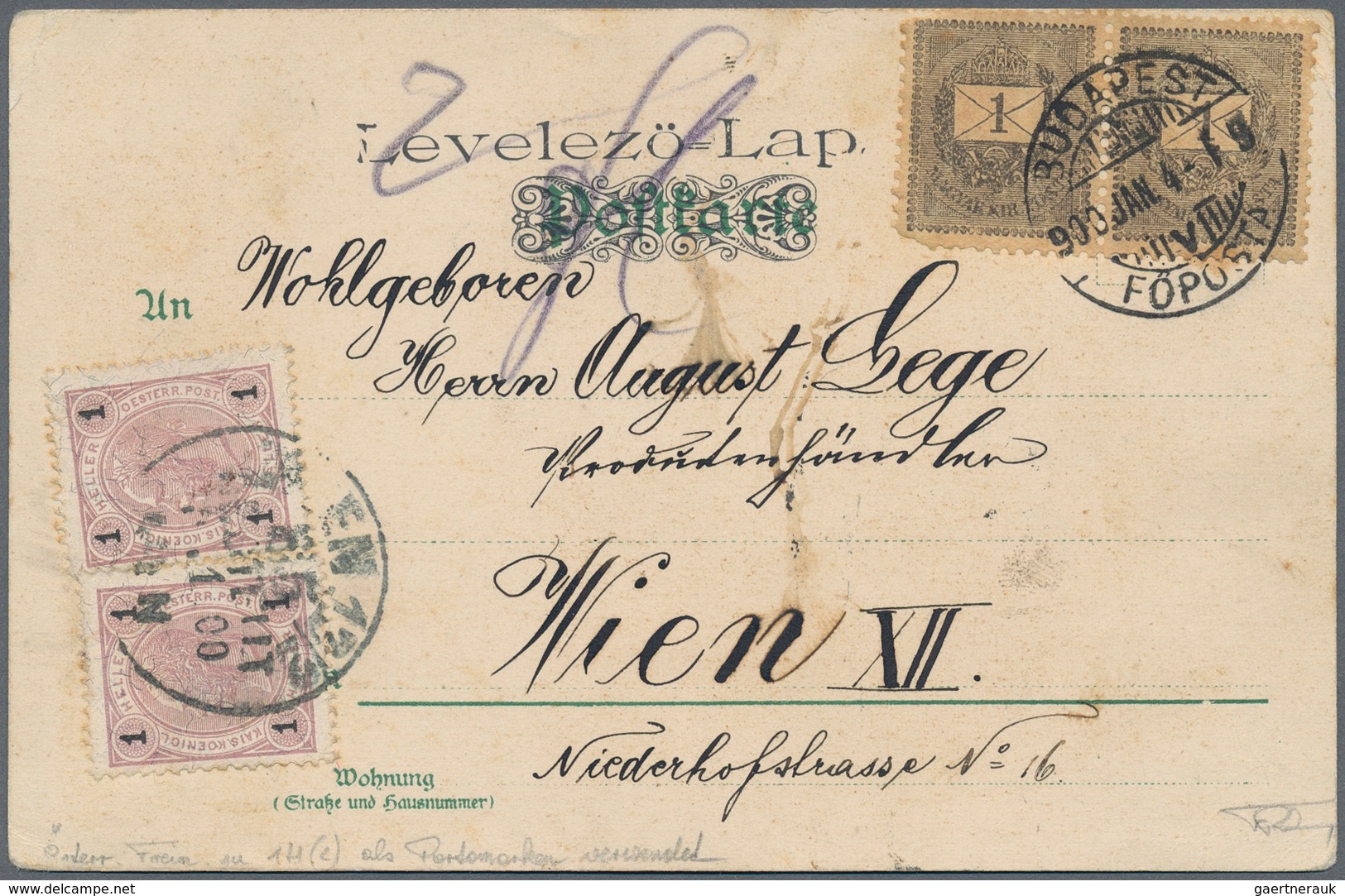 15361 Österreich: 1904, 1 Filler Im Paar (Mgl.) Auf Unterfrankierter Ansichtskarte Aus Ungarn, Daher Mit N - Ungebraucht