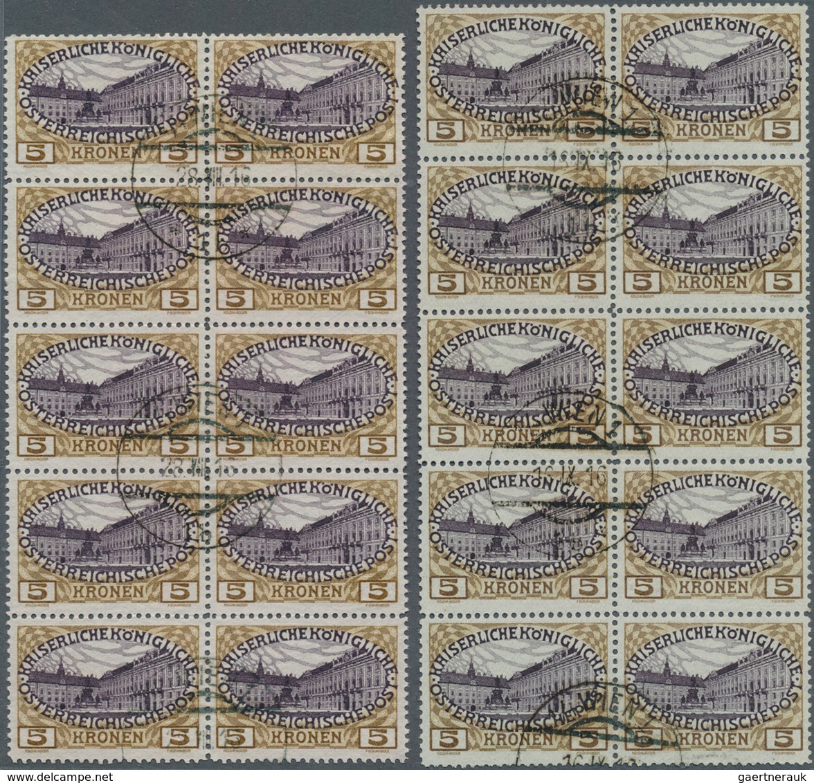 15373 Österreich: 1906/1907, 5 Kr. Olivbraun/schwarz Violett, Je Im Mittig Gestempelten 10er Blocks Im Kle - Ungebraucht