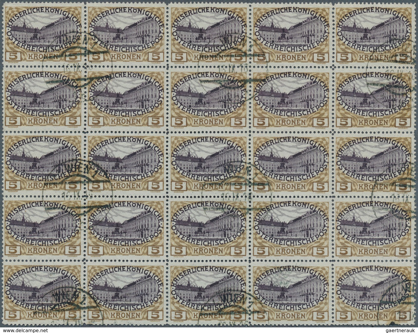 15374 Österreich: 1908, Freimarken-Ausgabe 5 Kr. Im 25er-Block Mit Klarem Zentrums-Stempel "WIEN 1b - 16.9 - Neufs