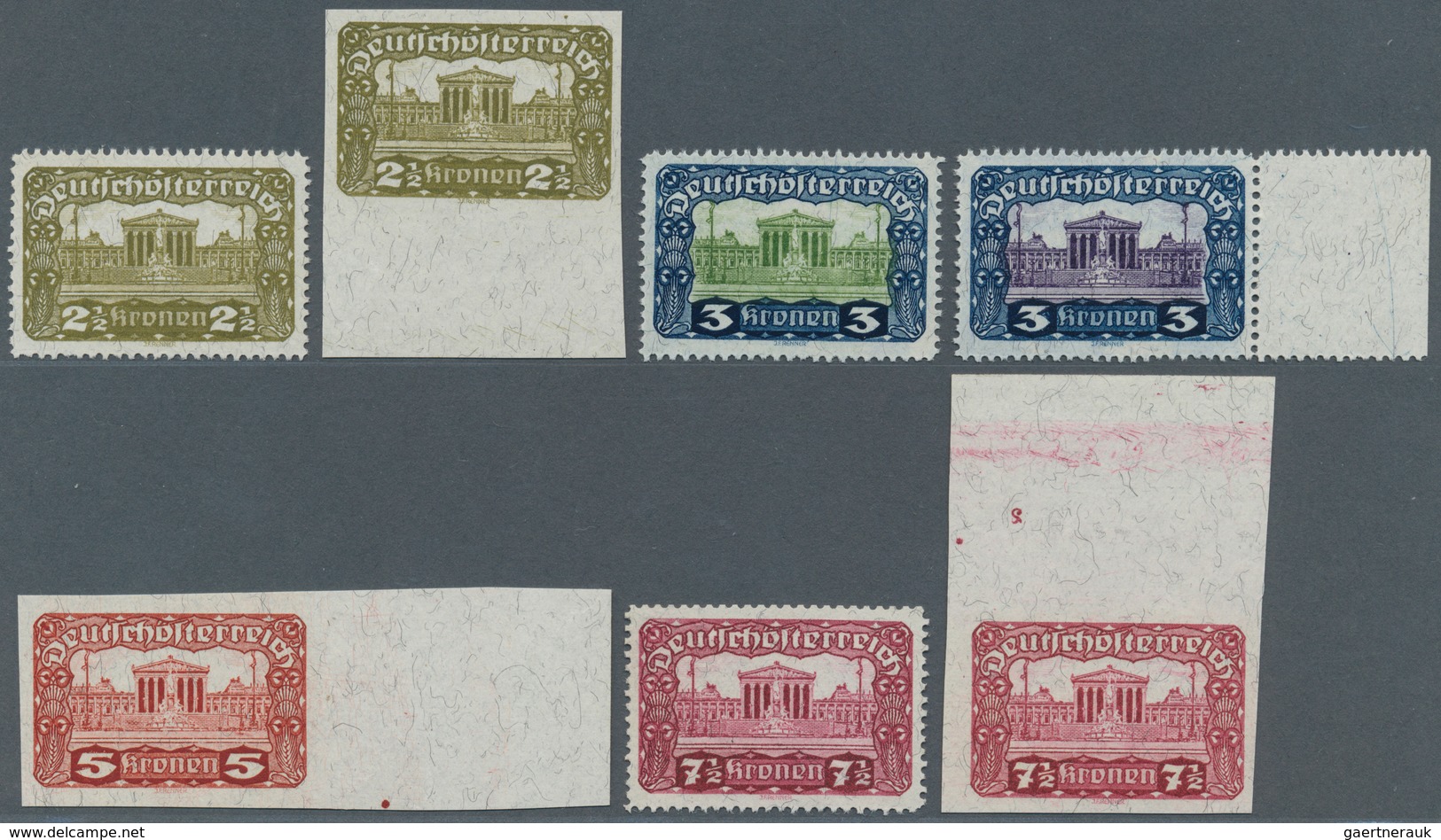 15388 Österreich: 1919, Parlamentsgebäude, 2½, 3 Und 7½ Kronen (je 2) Sowie 5 Kronen, Insgesamt 7 Verschie - Neufs