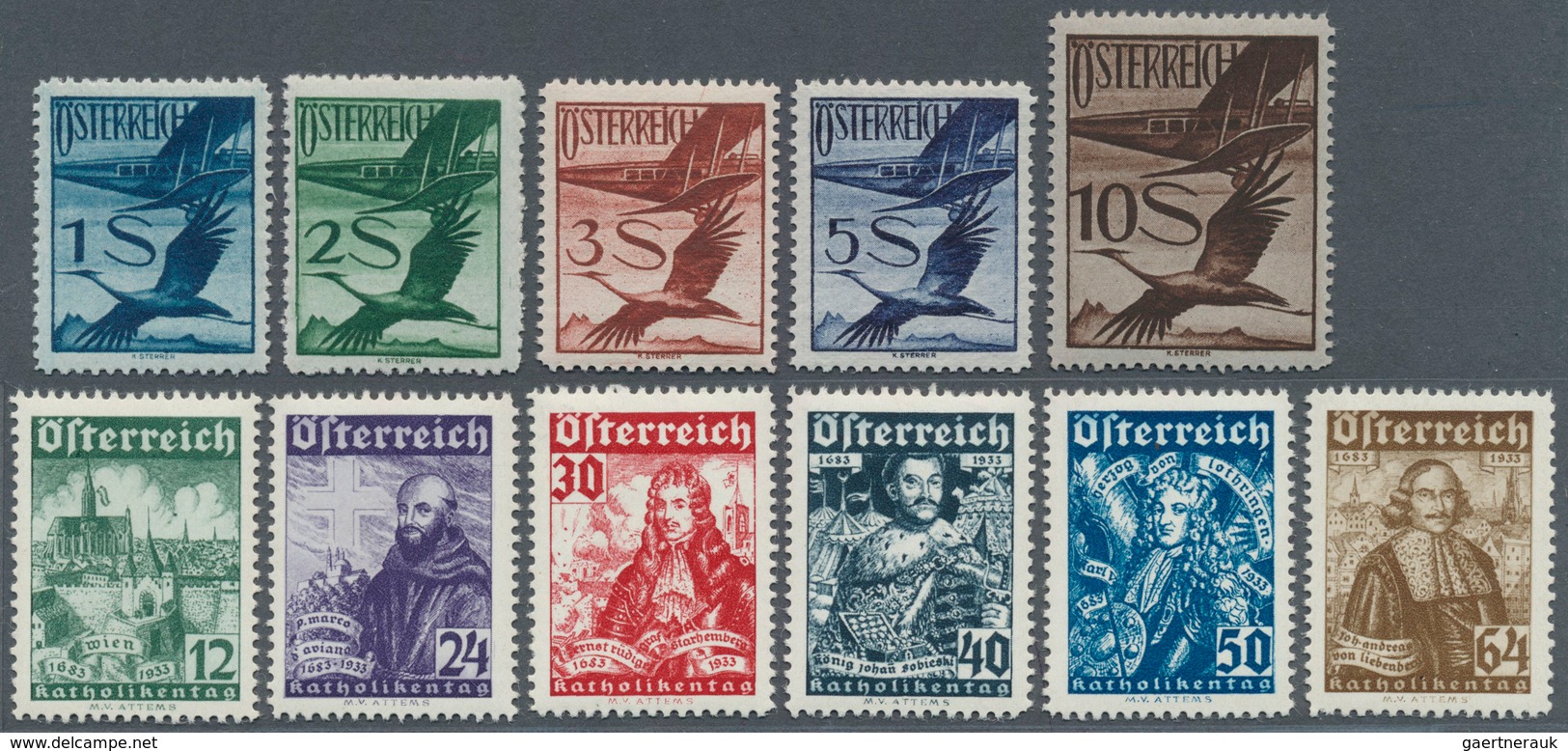 15393 Österreich: 1925/1930, Flugpostmarken 2g.-10 S., Dazu 1933, Wohlfahrt, Katholikentag 12(g.)-64 (g.), - Neufs
