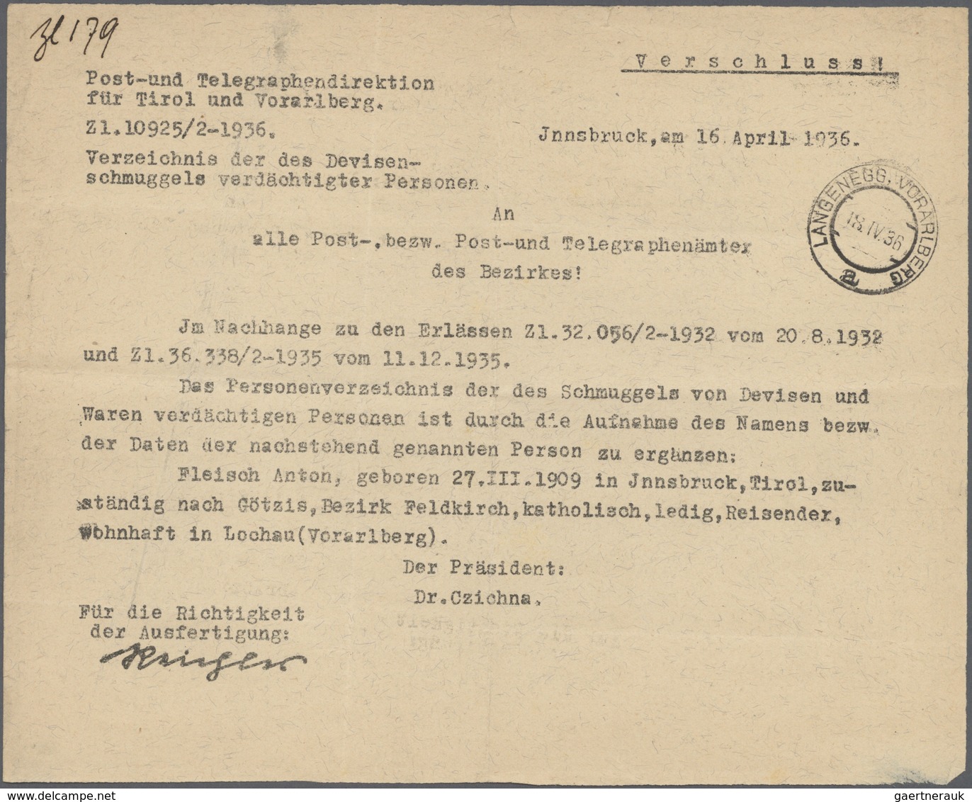 15413 Österreich: 1936: "VERZEICHNIS DER DES DEVISEN-SCHMUGGELS VERDÄCHTIGTER PERSONEN" Sehr Seltenes Post - Ungebraucht