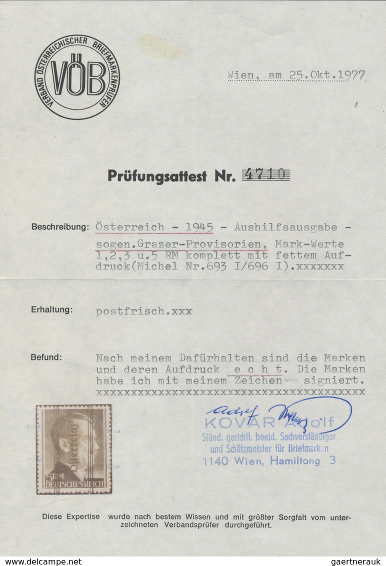 15420 Österreich: 1945, Freimarken 1 RM Bis 5 RM Mit Grazer Aufdruck Type I, Signiert Kovar, Für 5 RM Foto - Ungebraucht