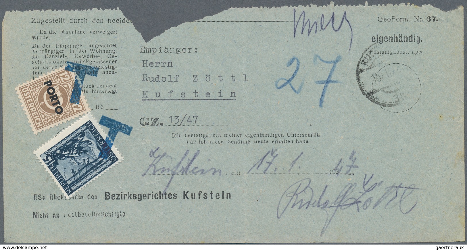 15429 Österreich: 1947, Gerichtsrückschein (Mgl.) Für Ortsbriefe Aus Kufstein Vom 15.I.47. Nachgebühr War - Ungebraucht