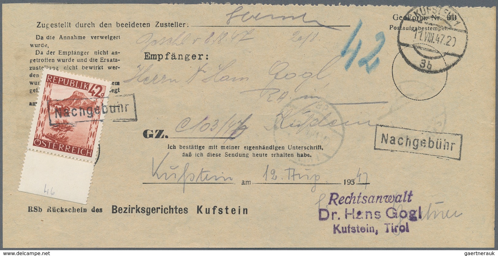 15430 Österreich: 1947, Rückschein Eines Gerichtsbriefes Aus Kufstein Vom 11.8.47. Nachgebühr War 12 Gr. O - Neufs