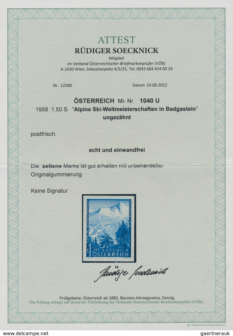 15435 Österreich: 1958: Alpine Ski-WM 1958 UNGEZÄHNT. Extrem Seltenes Exemplar , Kl. Bug (ANK-Nr. 1048 U/1 - Ungebraucht