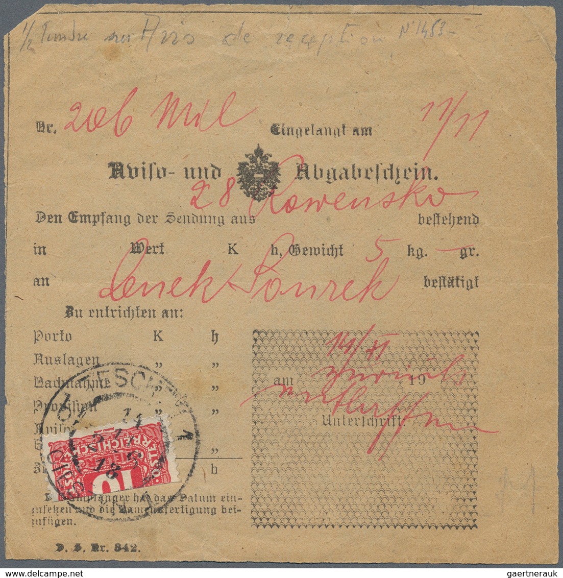 15566 Österreich - Portomarken: 1918, Zeitüberschreitender "Aviso- Und Abgabeschein" Mit 10 H Rot HALBIERU - Taxe