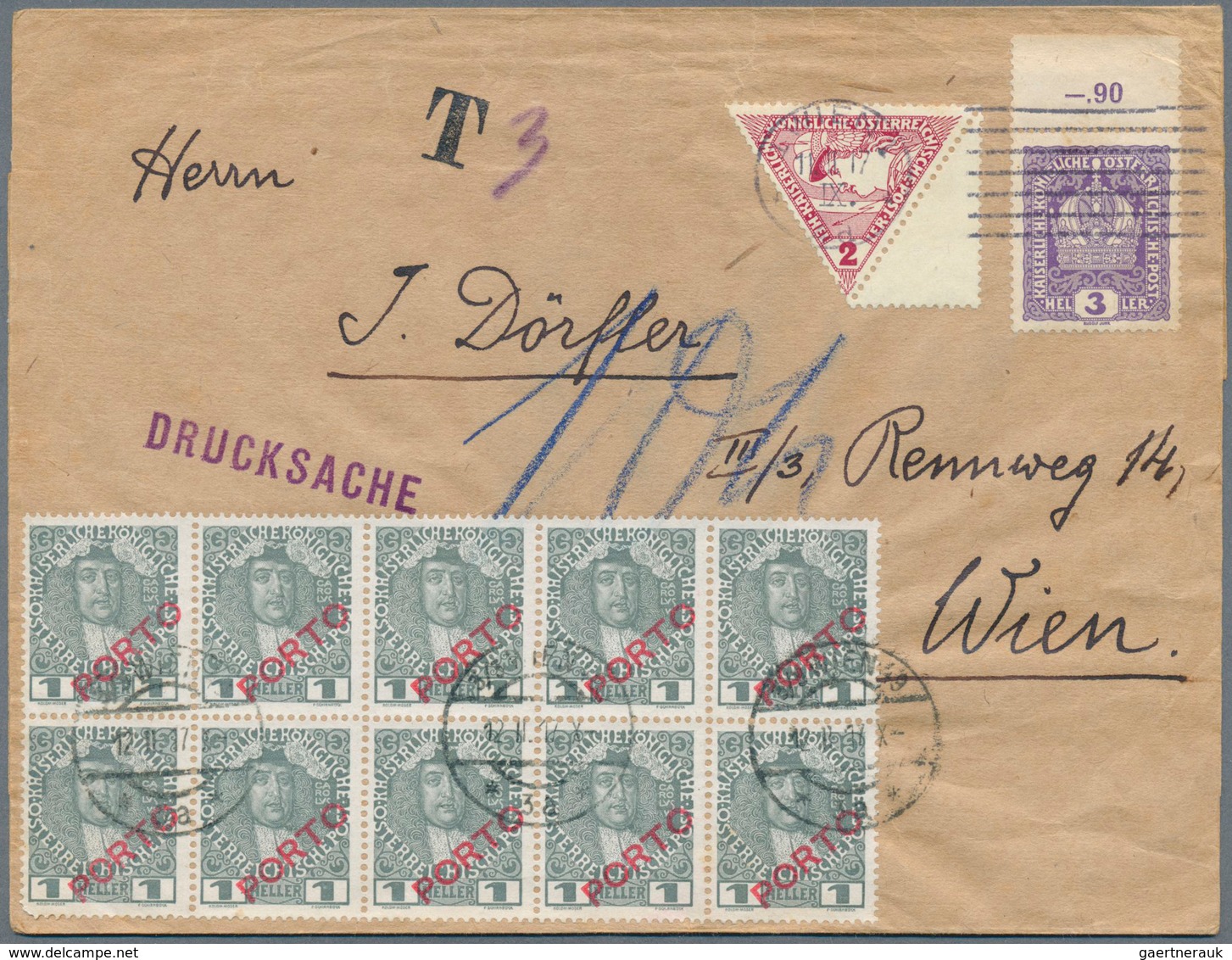 15573 Österreich - Portomarken: 1917, Drucksache Der 3. Gewichtsstufe Aus Wien Mit "T 3" Taxstempel Verseh - Taxe