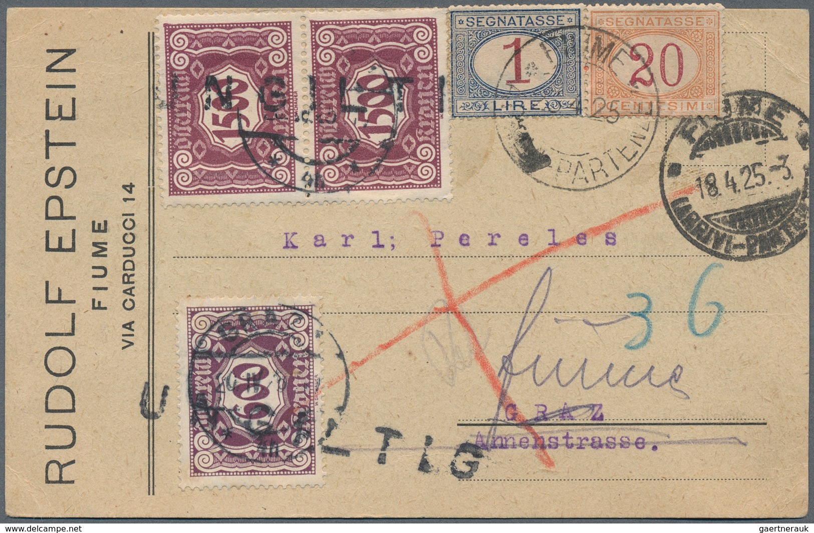 15584 Österreich - Portomarken: 1925 (18.4.), Unfrankierte Firmenvordruck-Postkarte 'Rudolf Epstein/Fiume' - Portomarken