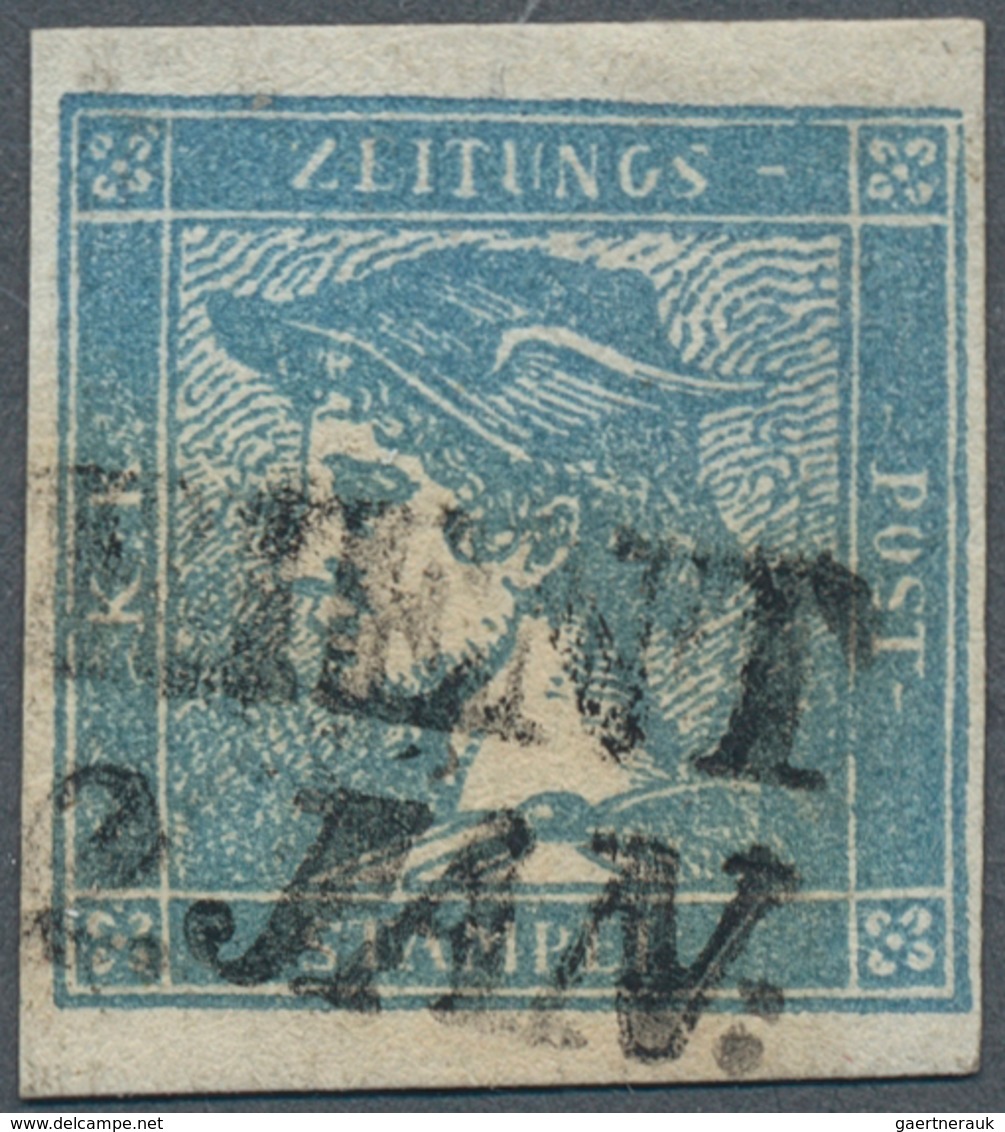 15594 Österreich - Zeitungsstempelmarken: 1851. Merkur Blau Auf Geripptem Papier, Mit Langstempel "TRIENT - Zeitungsmarken