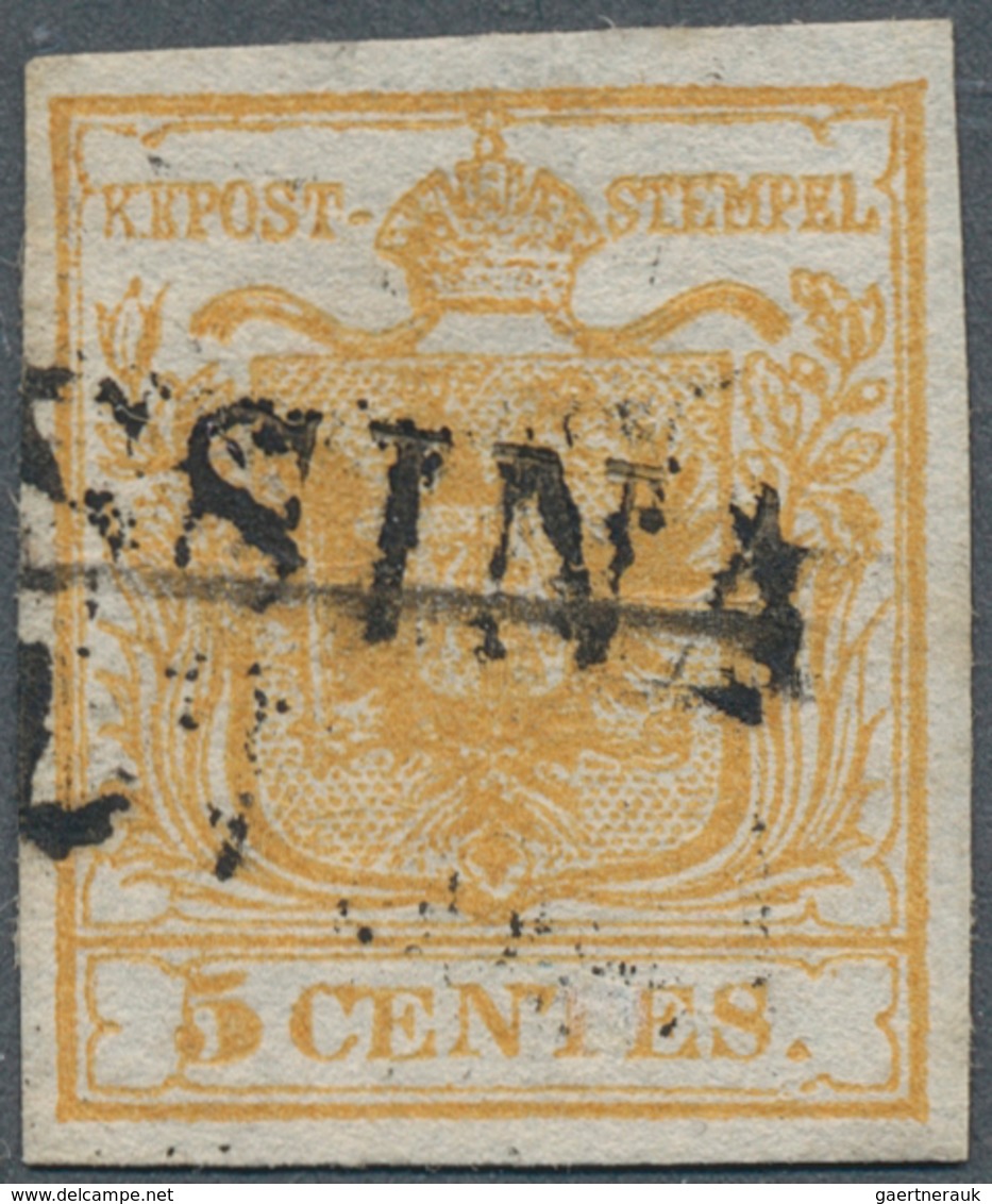 15599 Österreich - Lombardei Und Venetien: 1850, 5 Cmi. Gelb Handpapier Type I (ERSTDRUCK) Allseits Voll- - Lombardo-Vénétie