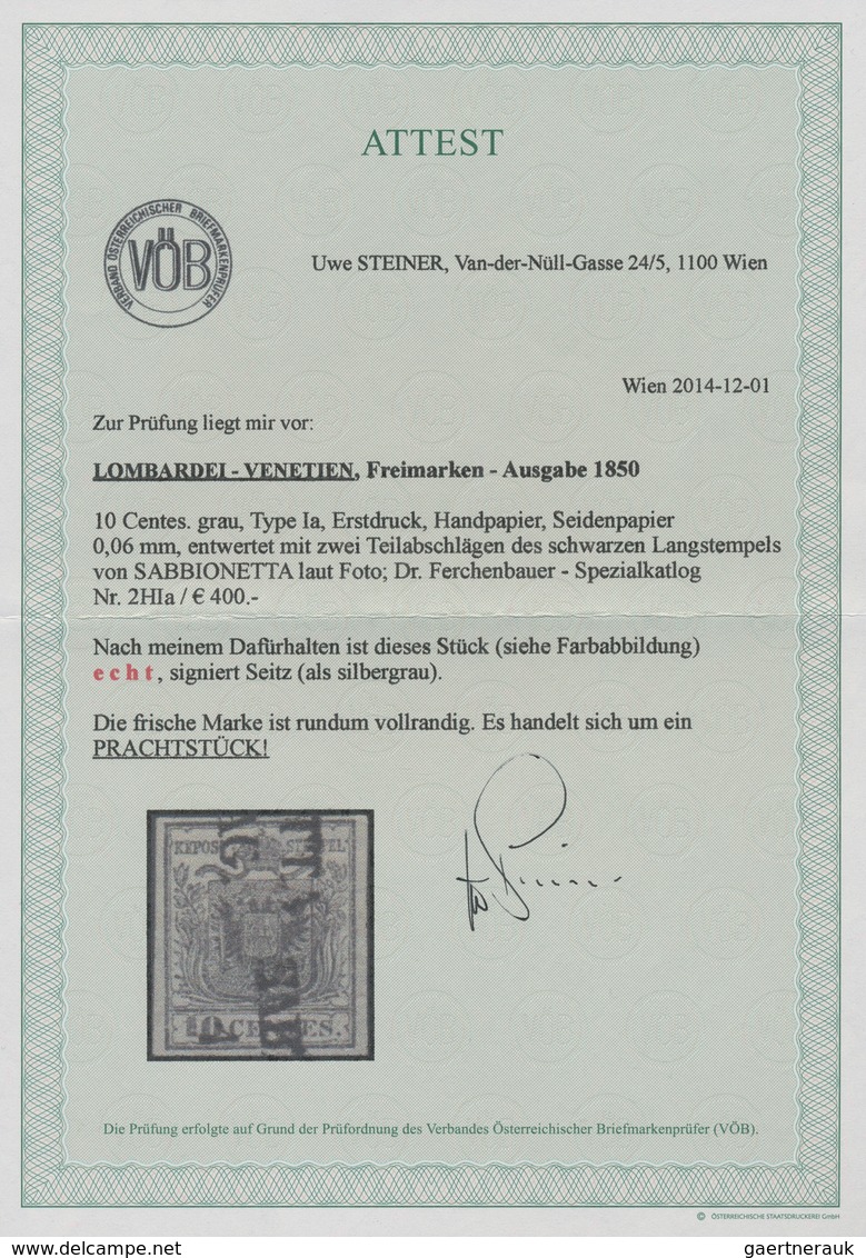 15602 Österreich - Lombardei Und Venetien: 1850, 10 Cmi. Grau HP Type Ia (Erstdruck) SEIDENPAPIER 0,06 Mm - Lombardo-Venetien