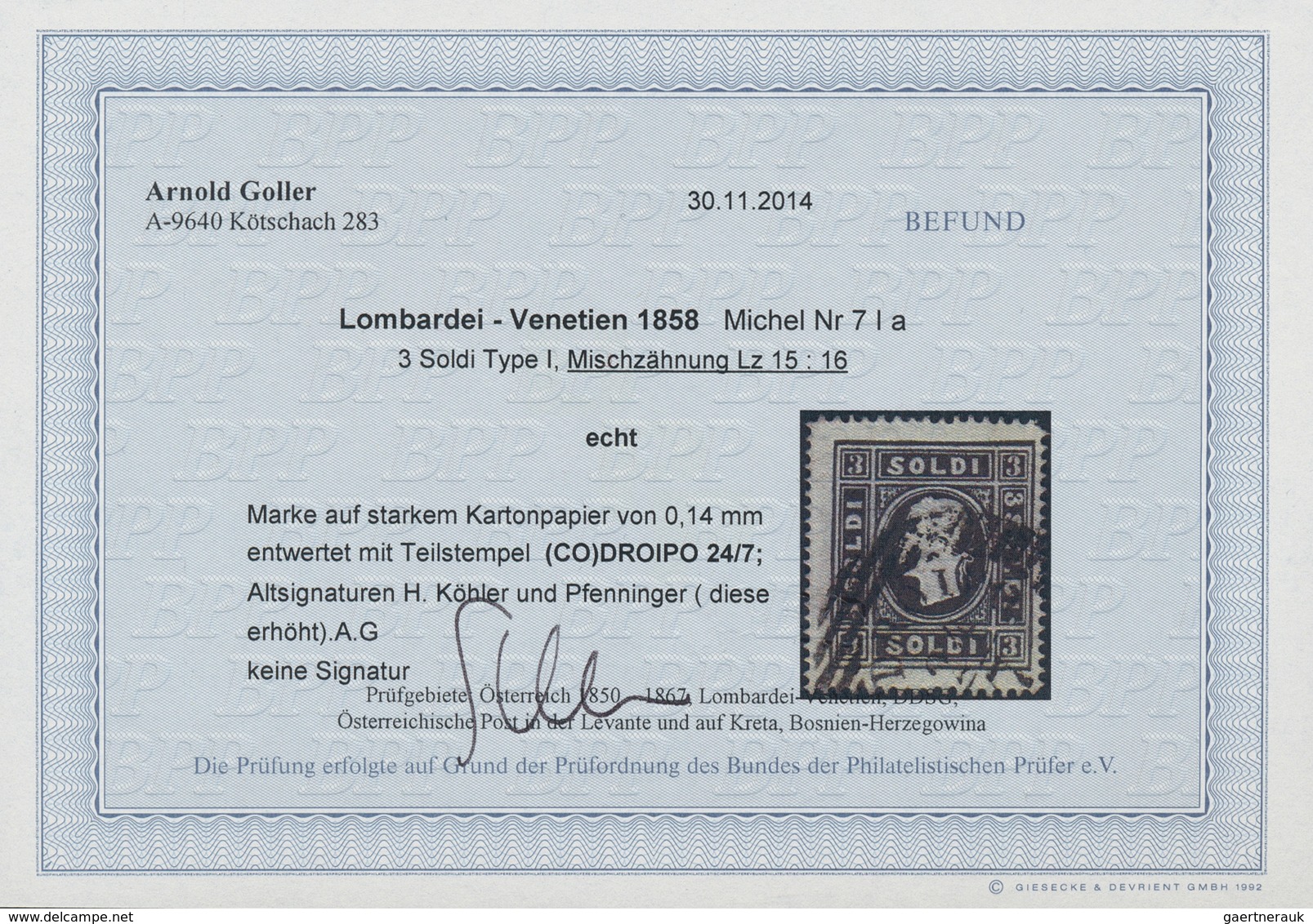 15606 Österreich - Lombardei Und Venetien: 1858, 3 Soldi Schwarz Type I Auf Starkem KARTONPAPIER (0,14 Mm) - Lombardo-Venetien