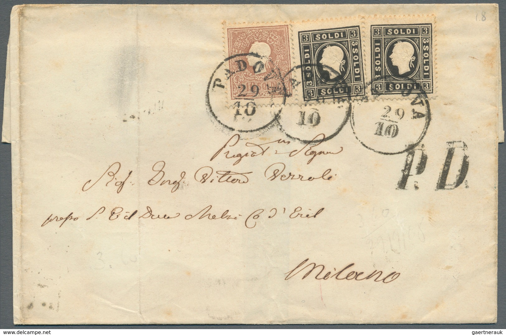 15607 Österreich - Lombardei Und Venetien: 1859 10 So. Lilabraun In Kombination Mit Zwei Einzelmarken 3 So - Lombardo-Venetien