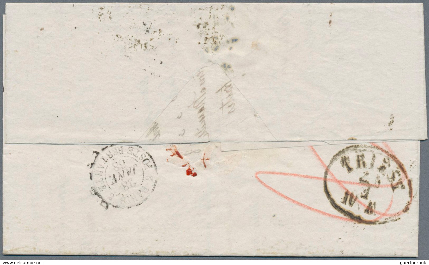 15623 Österreichische Post In Der Levante: 1868, Faltbrief Aus Syra über Triest Mit Schiffspoststempel "LE - Levante-Marken