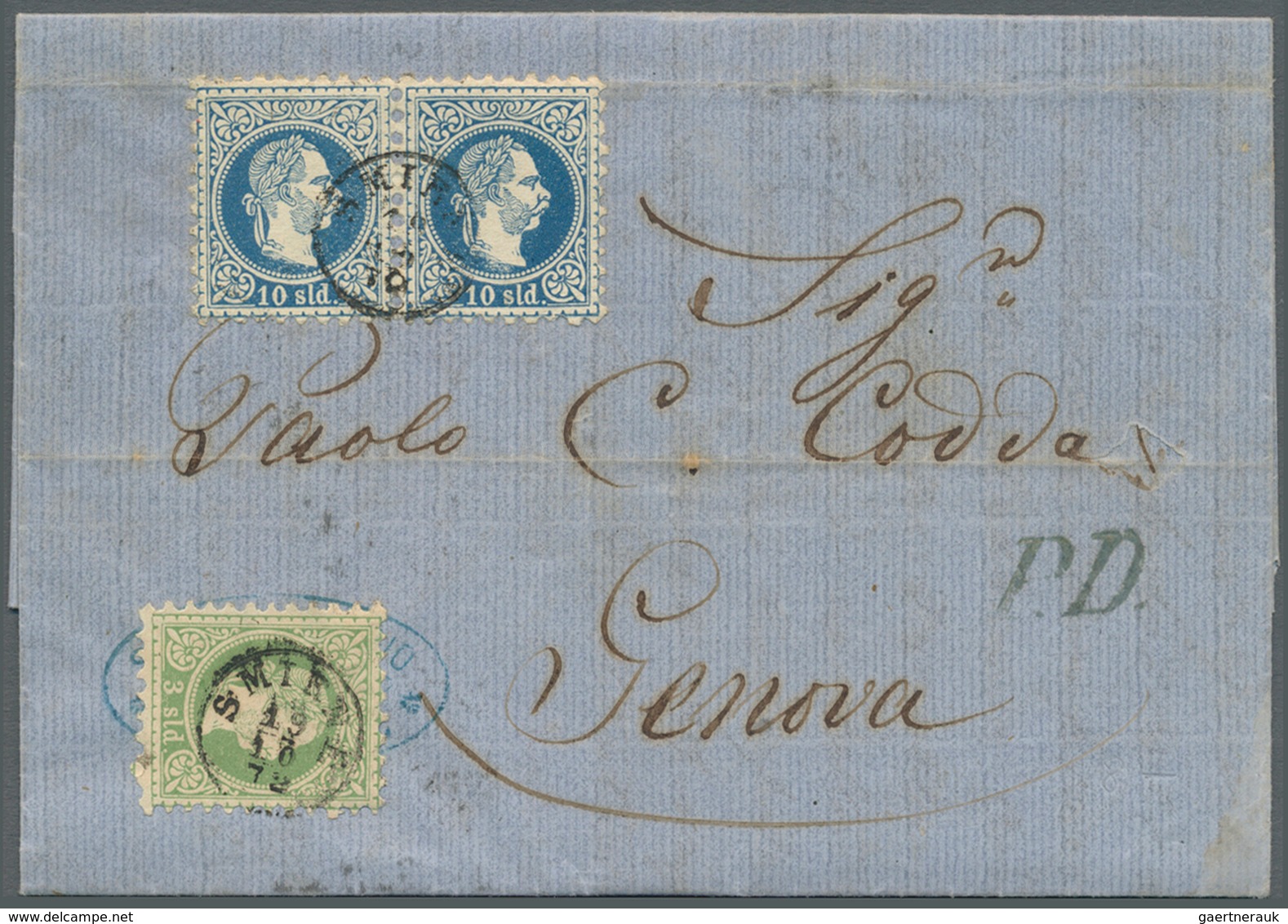 15633 Österreichische Post In Der Levante: 1872, 3 Sld. Grün Und 10 Sld. Blau Im Waager. Paar Auf Kpl. PD- - Levant Autrichien