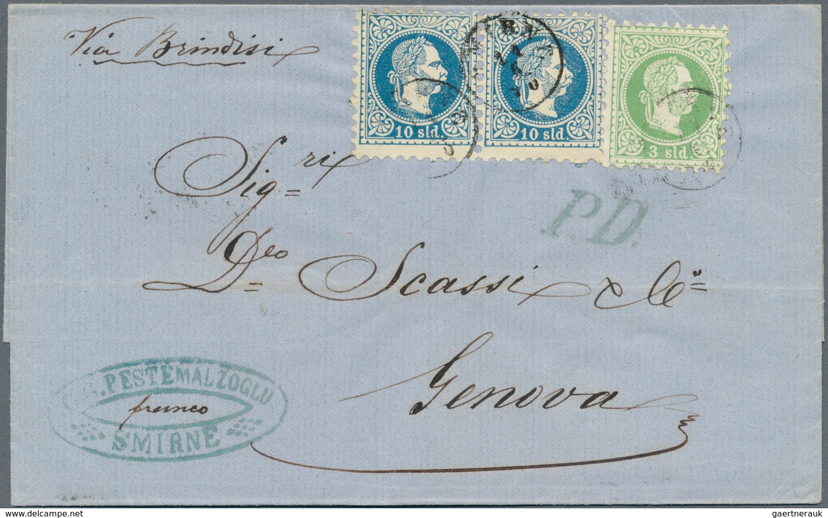 15634 Österreichische Post In Der Levante: 1870, Faltbriefhülle Von SMIRNE Nach Genua Via Brindisi, Franki - Levante-Marken