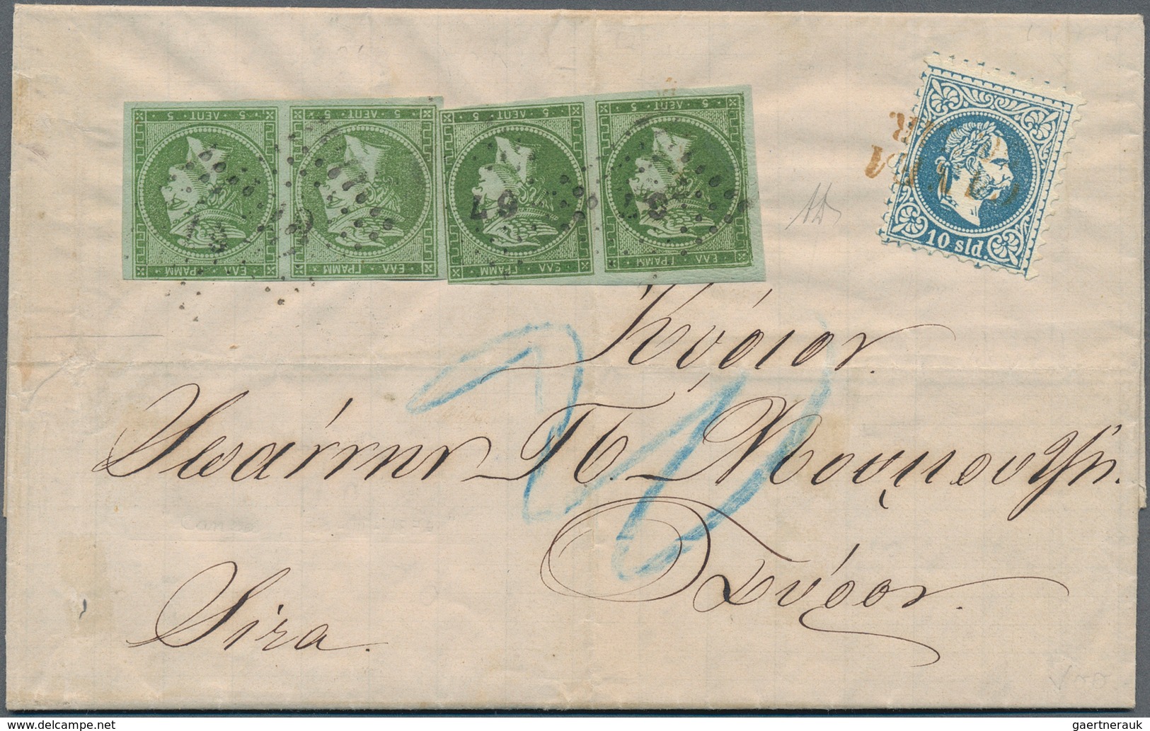 15636 Österreichische Post In Der Levante: 1868, 10 Kr. Blau Mit L2 "CANEA 20.MAR.(74)" Auf Kpl. Faltbrief - Levante-Marken