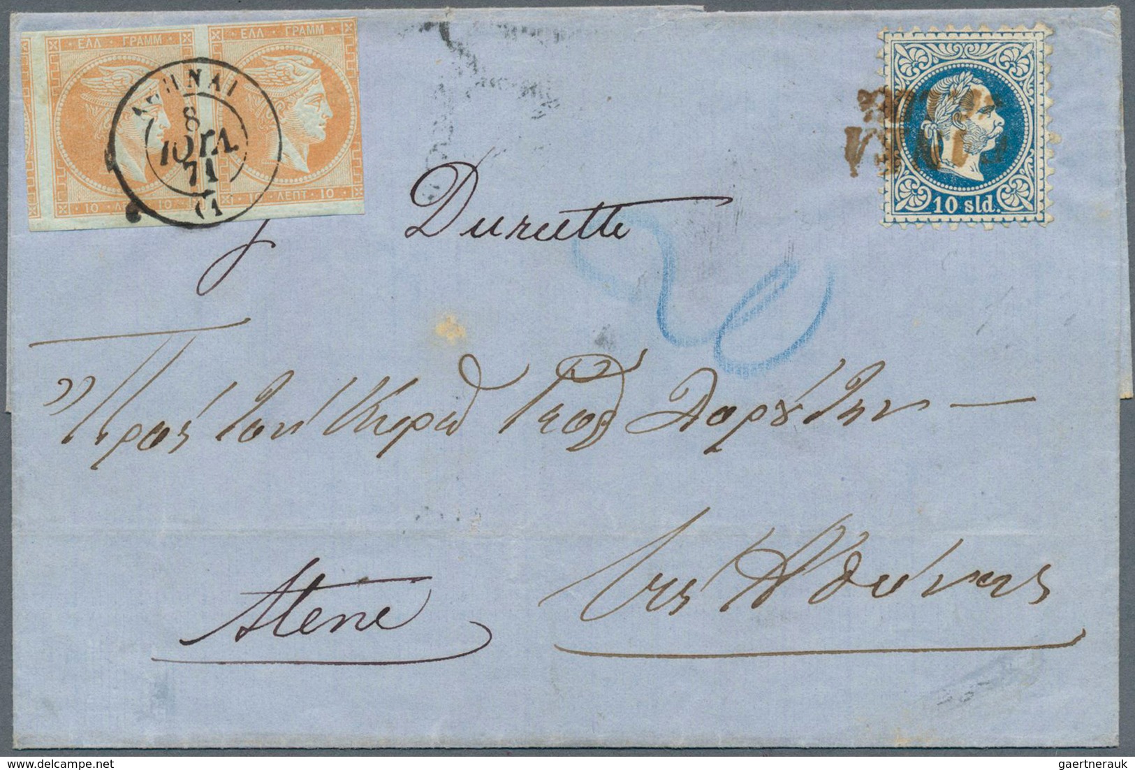 15640 Österreichische Post In Der Levante: 1867, 10 So. Blau Mit L2 "CANEA 16.LUG." Auf Faltbrief Nach Ath - Levante-Marken