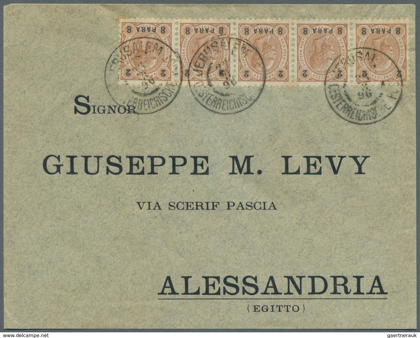 15652 Österreichische Post In Der Levante: 1896, 8 Pa. Auf 2 Kr Braunocker Im 5er-Streifen Auf Brief Von J - Levant Autrichien