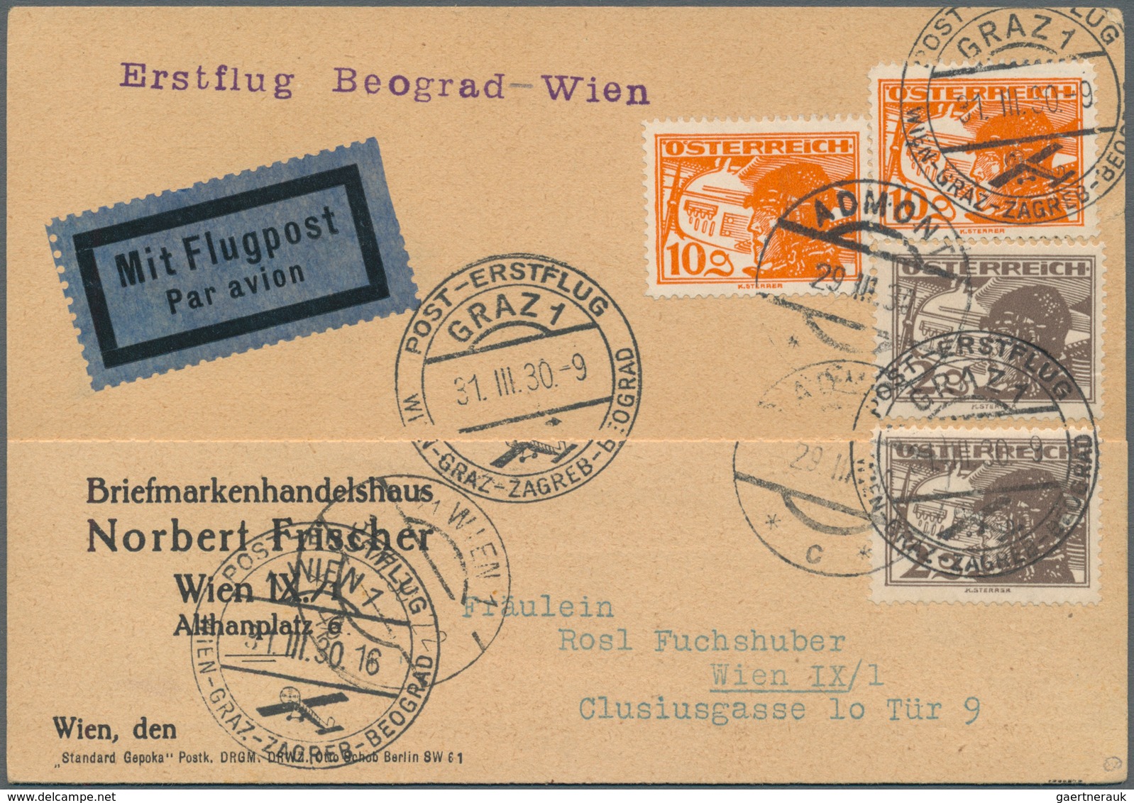 15675 Österreich - Flugpost: 1933, Erstflug WIEN-BELGRAD, 3 Erstflugbelege Von Drei Verschiedenen Teilstre - Autres & Non Classés