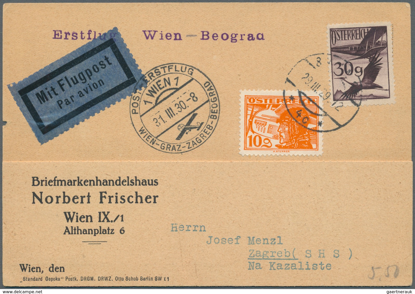 15675 Österreich - Flugpost: 1933, Erstflug WIEN-BELGRAD, 3 Erstflugbelege Von Drei Verschiedenen Teilstre - Autres & Non Classés