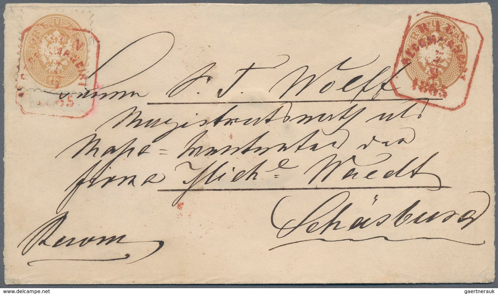 15679 Österreich - Ganzsachen: 1865 (7.9.), GS-Umschlag Doppeladler 15 Kr. Braun Mit Zusatzfrankatur Vs. 1 - Autres & Non Classés