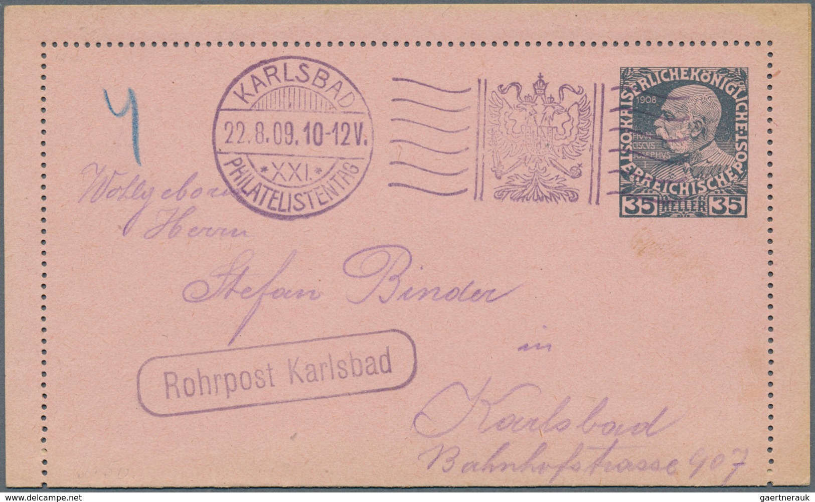 15689 Österreich - Ganzsachen: 1908, 35 H Ultramarin Auf Rosa Rohrpostkartenbrief Mit SST KARLSBAD PHILATE - Sonstige & Ohne Zuordnung