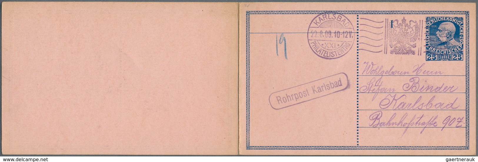 15691 Österreich - Ganzsachen: 1908, 25 / 25 H Ultramarin Auf Rosa Rohrpostdoppelkarte Mit SST KARLSBAD PH - Autres & Non Classés