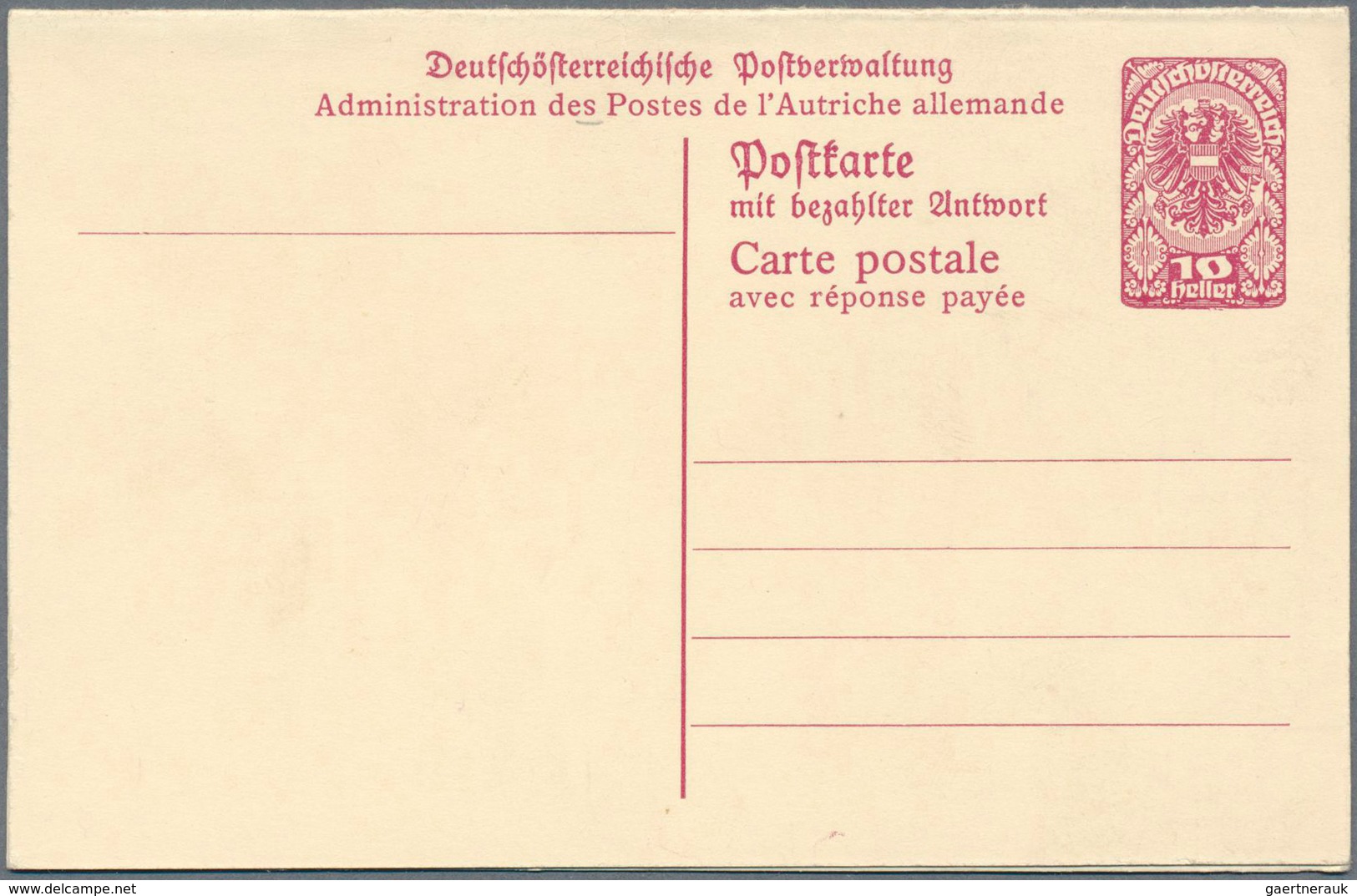 15692 Österreich - Ganzsachen: 1919. NICHT-VERAUSGABTE Doppelkarte 10H+10H Bräunlichlila Deutsch-Österreic - Sonstige & Ohne Zuordnung