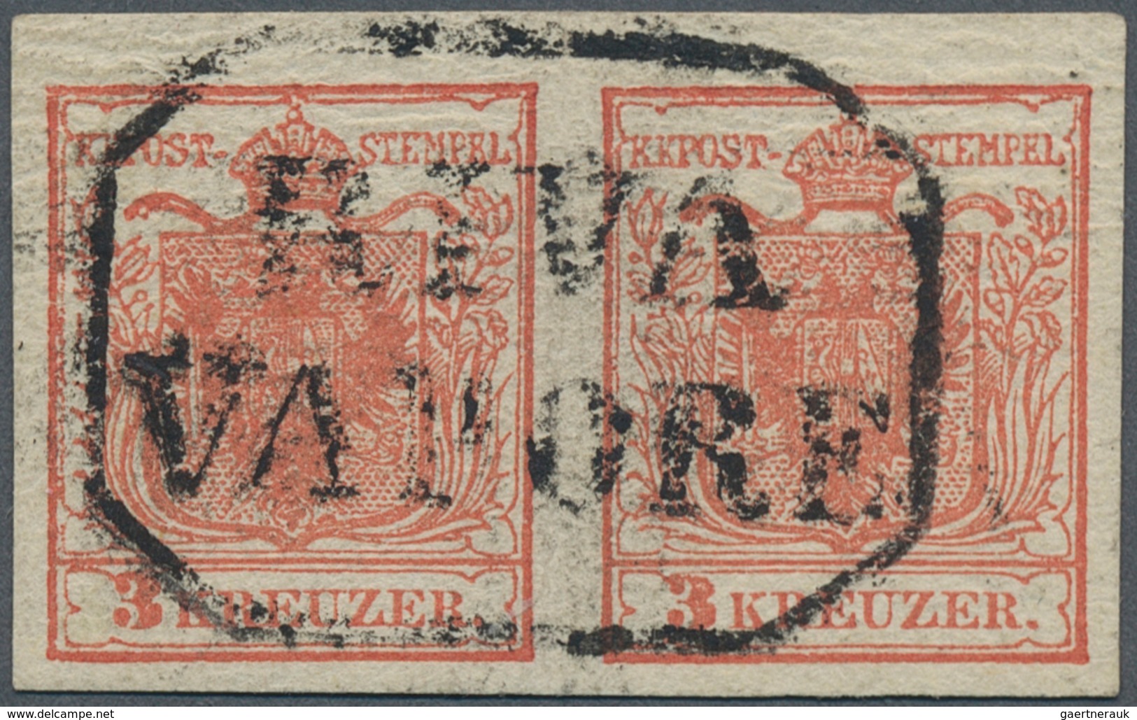 15714 Österreich - Stempel: SCHIFFSPOST GARDASEE: 1850, 3 Kr. Rot HP Waagr. Paar Allseits Voll- Bis Breitr - Machines à Affranchir (EMA)