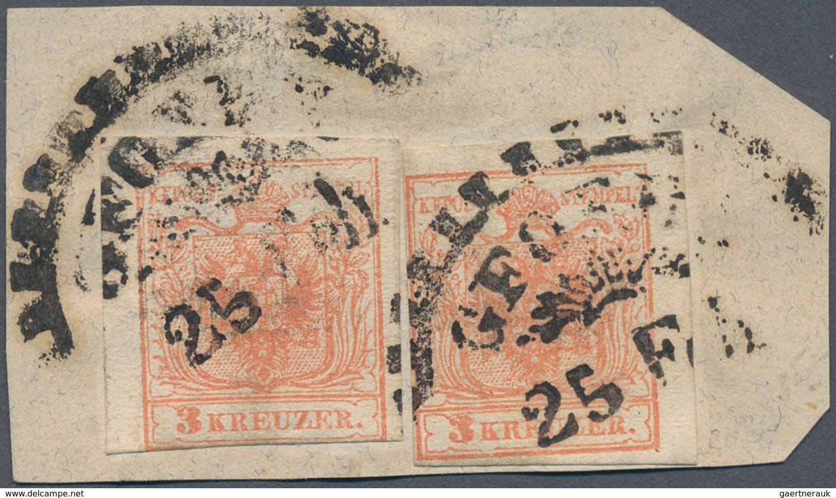 15716 Österreich - Stempel: GFÖHL (Niederösterr.): 1850, 3 Kr. Rot MP Zwei Werte Auf Briefstück Jeweils Dr - Maschinenstempel (EMA)