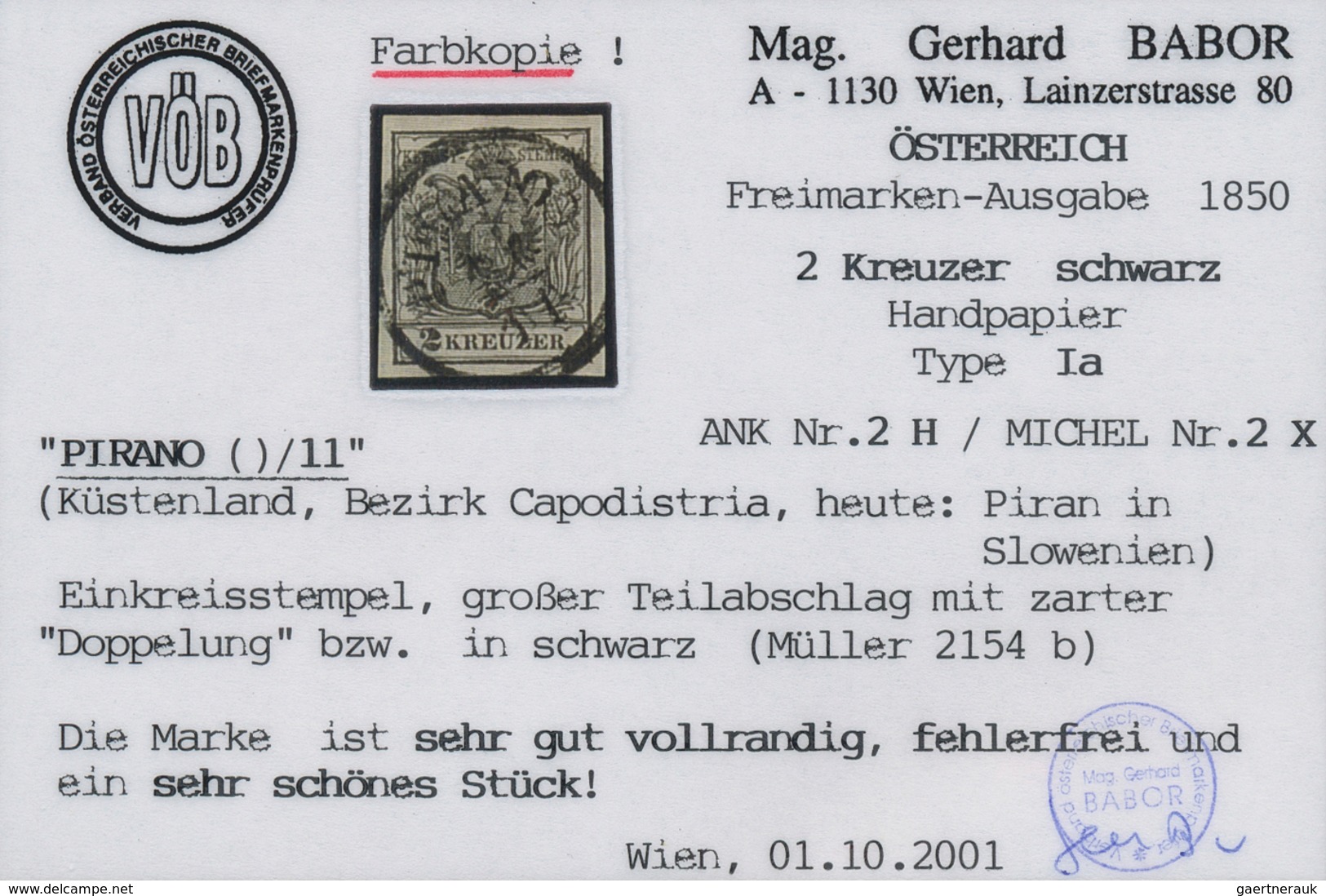 15735 Österreich - Stempel: PIRANO (Küstenland): 1850, 2 Kr. Schwarz HP Type Ia Blau Allseits Vollrandig M - Maschinenstempel (EMA)