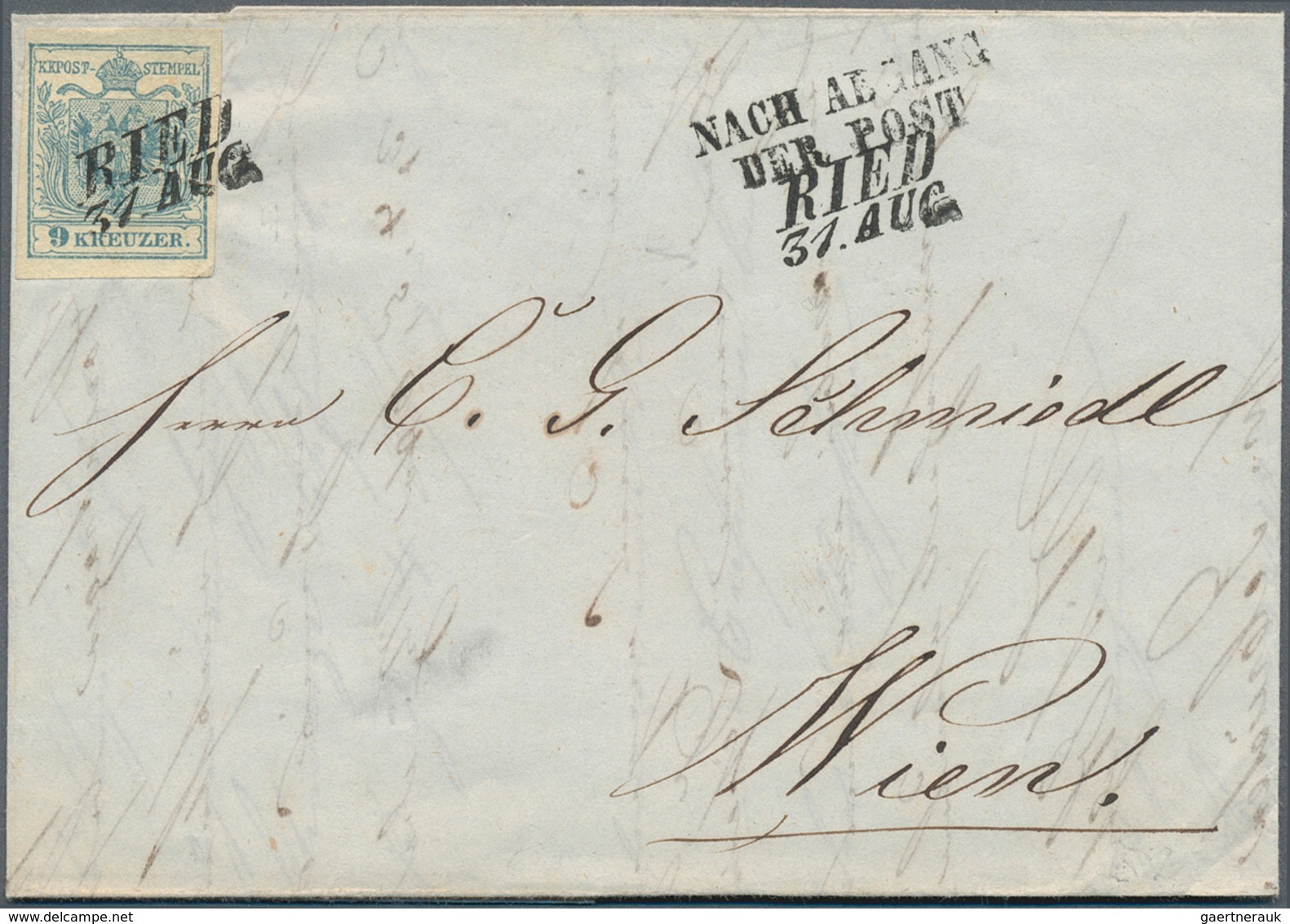 15741 Österreich - Stempel: RIED (Oberösterr.): 1850, 9 Kr. Hellblau HP Type II Allseits Voll- Bis Breitra - Machines à Affranchir (EMA)