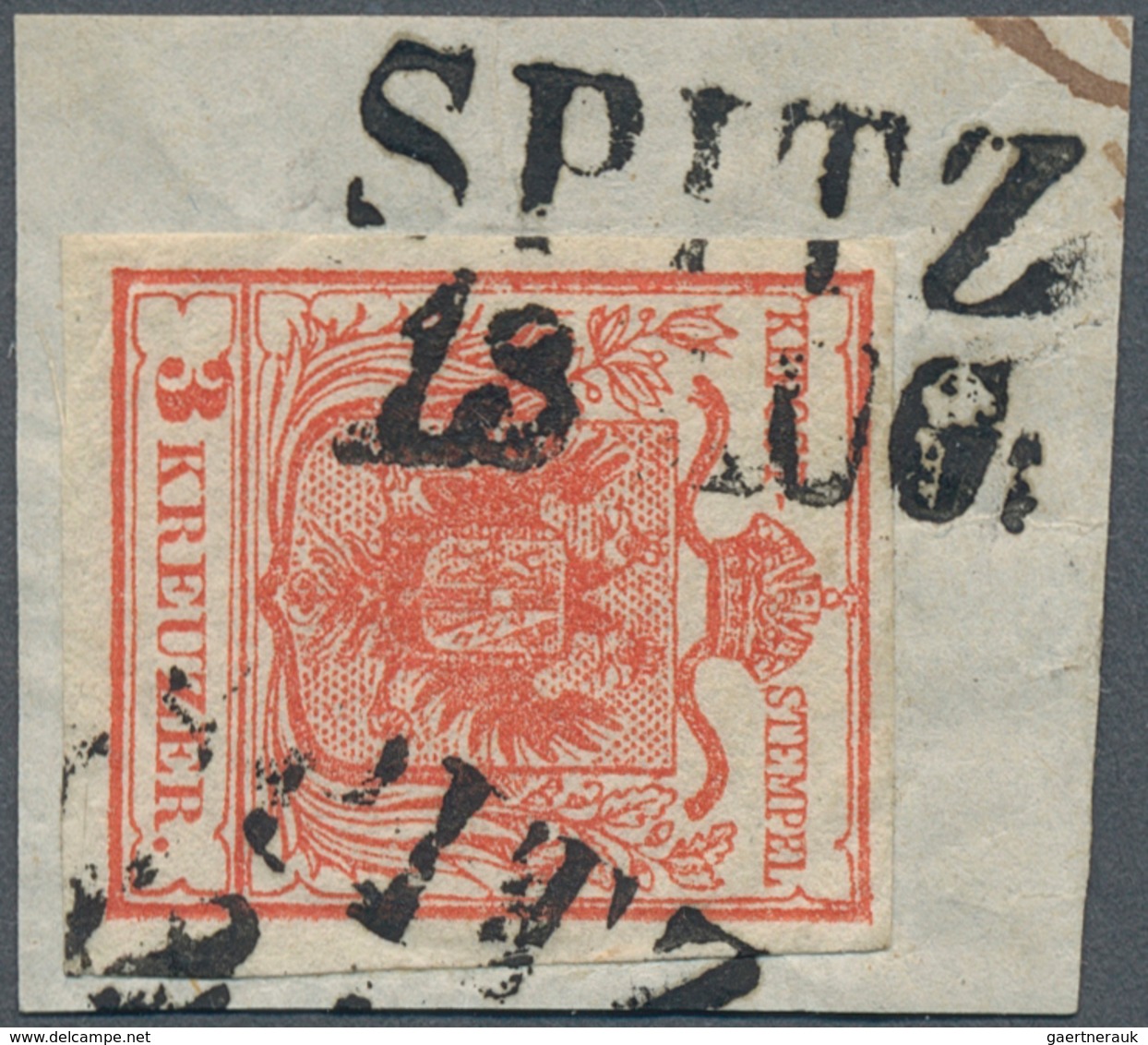 15746 Österreich - Stempel: SPITZ (Niederösterr.): 1850, 3 Kr. Rot Allseits Voll- Bis Breitrandig Auf Brie - Maschinenstempel (EMA)