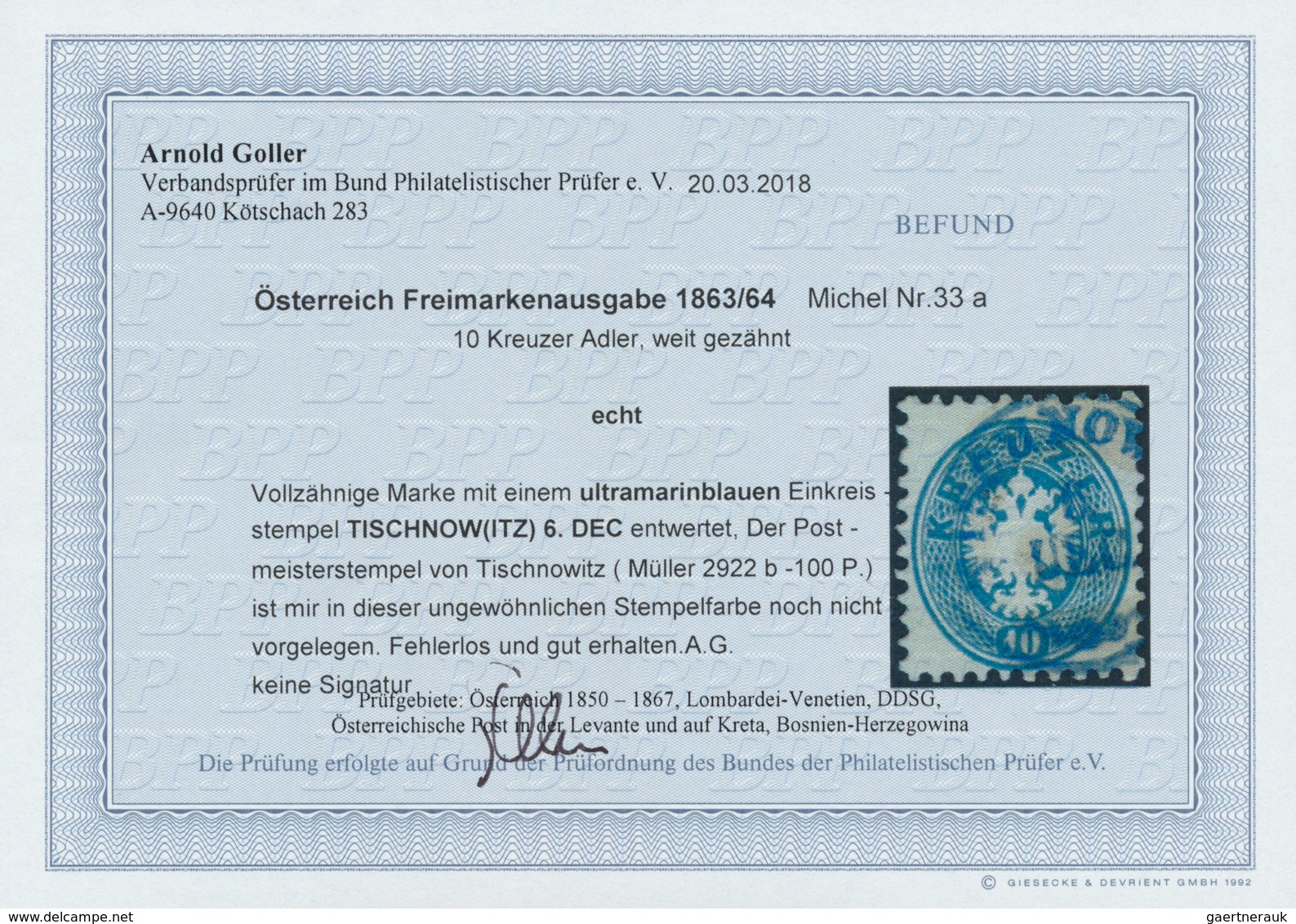 15752 Österreich - Stempel: 1863/64, 10 Kr. Blau, Weit Gezähnt Mit Seltenem ULTRAMARIENBLAUEM K1 TISCHNOW( - Maschinenstempel (EMA)