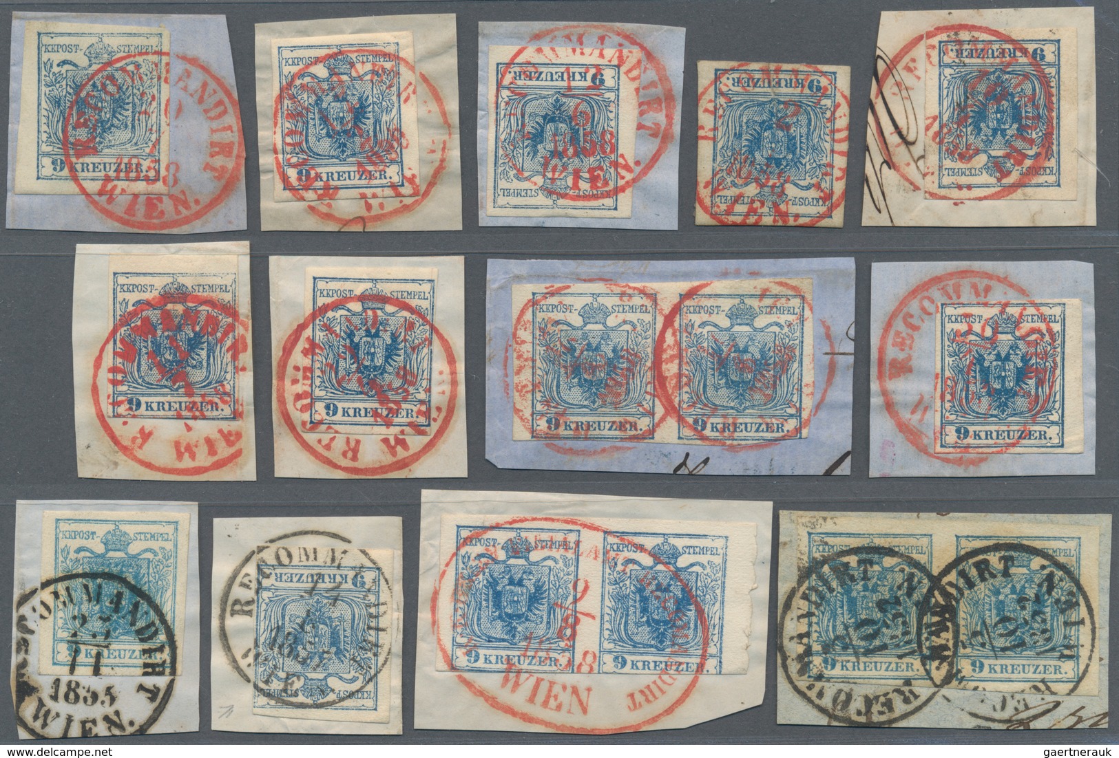 15762 Österreich - Stempel: WIEN (RECOMMANDIRT): 1850, 9 Kr. Blau Zwölf Briefstücke (9 Einzelmarken + 3 Pa - Maschinenstempel (EMA)